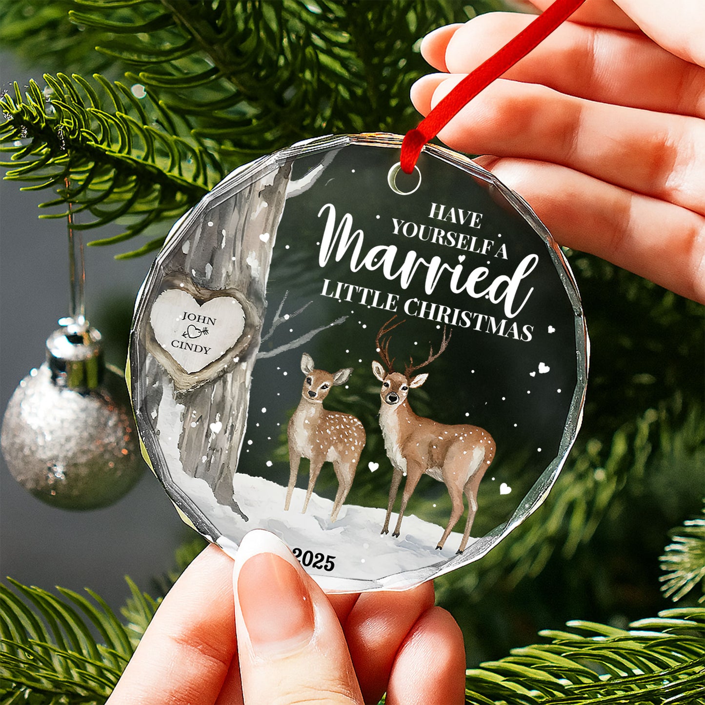 Have Yourself A Married Little Christmas with Deer and Heart Design - Personalized Custom Circle Glass Ornament - CPL508_CGOR