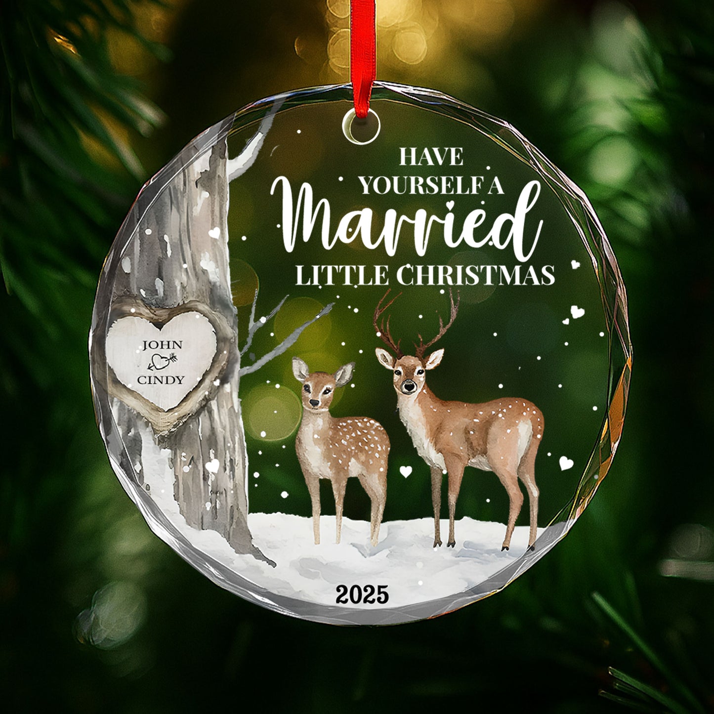 Have Yourself A Married Little Christmas with Deer and Heart Design - Personalized Custom Circle Glass Ornament - CPL508_CGOR