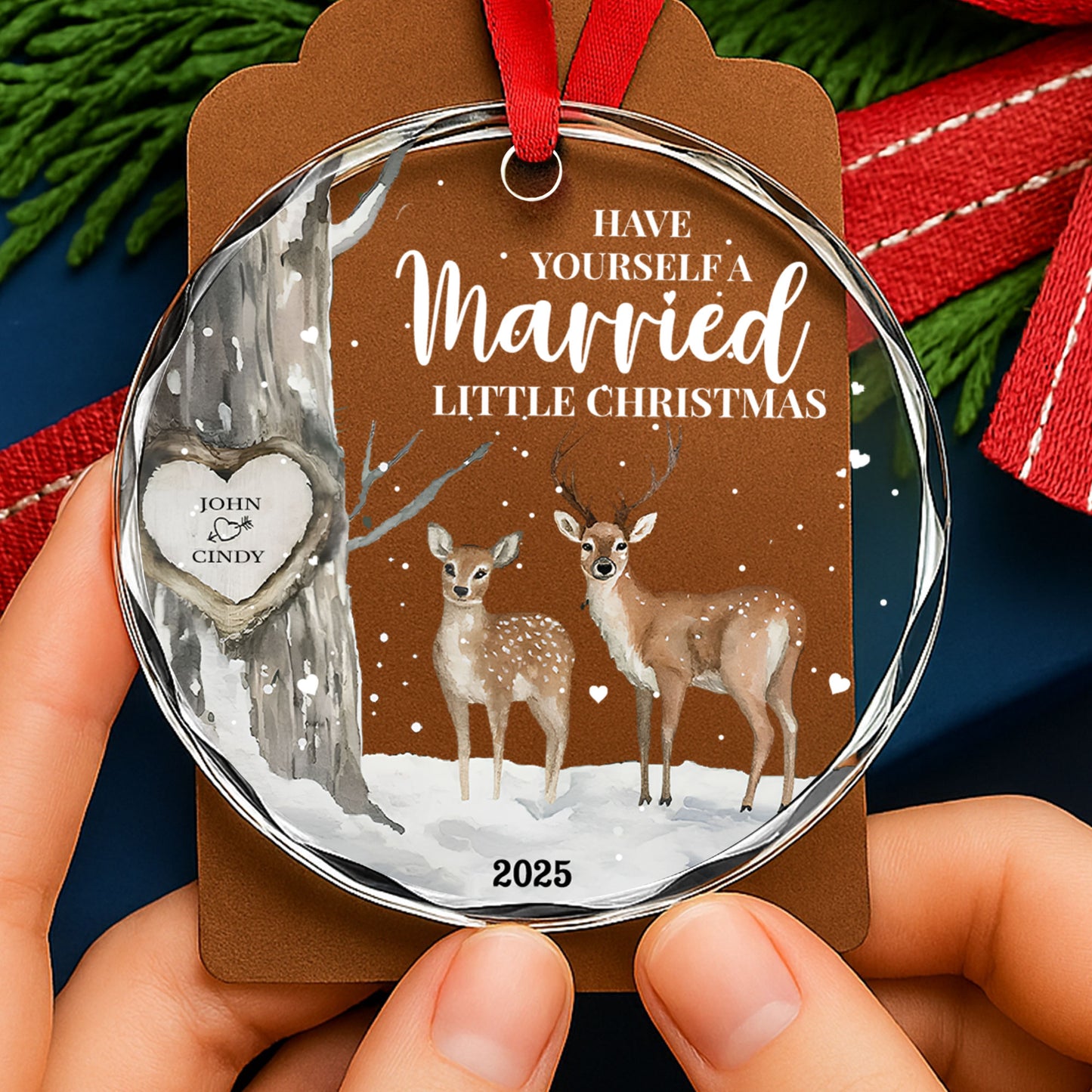 Have Yourself A Married Little Christmas with Deer and Heart Design - Personalized Custom Circle Glass Ornament - CPL508_CGOR
