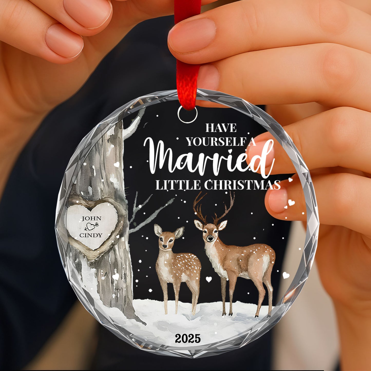 Have Yourself A Married Little Christmas with Deer and Heart Design - Personalized Custom Circle Glass Ornament - CPL508_CGOR