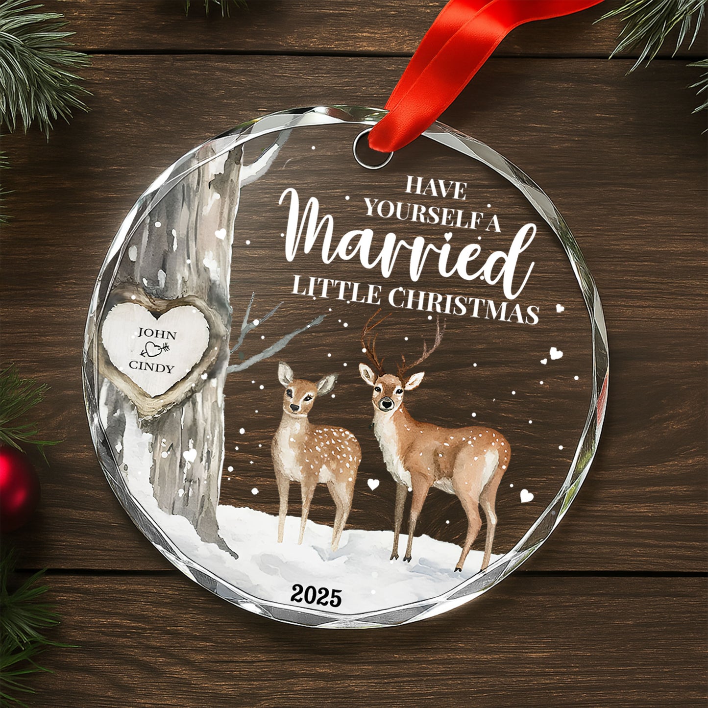 Have Yourself A Married Little Christmas with Deer and Heart Design - Personalized Custom Circle Glass Ornament - CPL508_CGOR