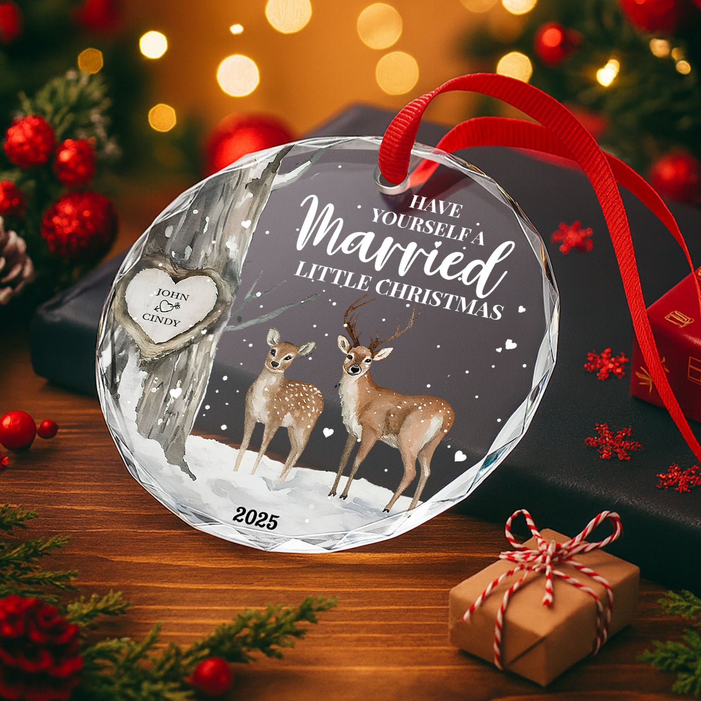Have Yourself A Married Little Christmas with Deer and Heart Design - Personalized Custom Circle Glass Ornament - CPL508_CGOR