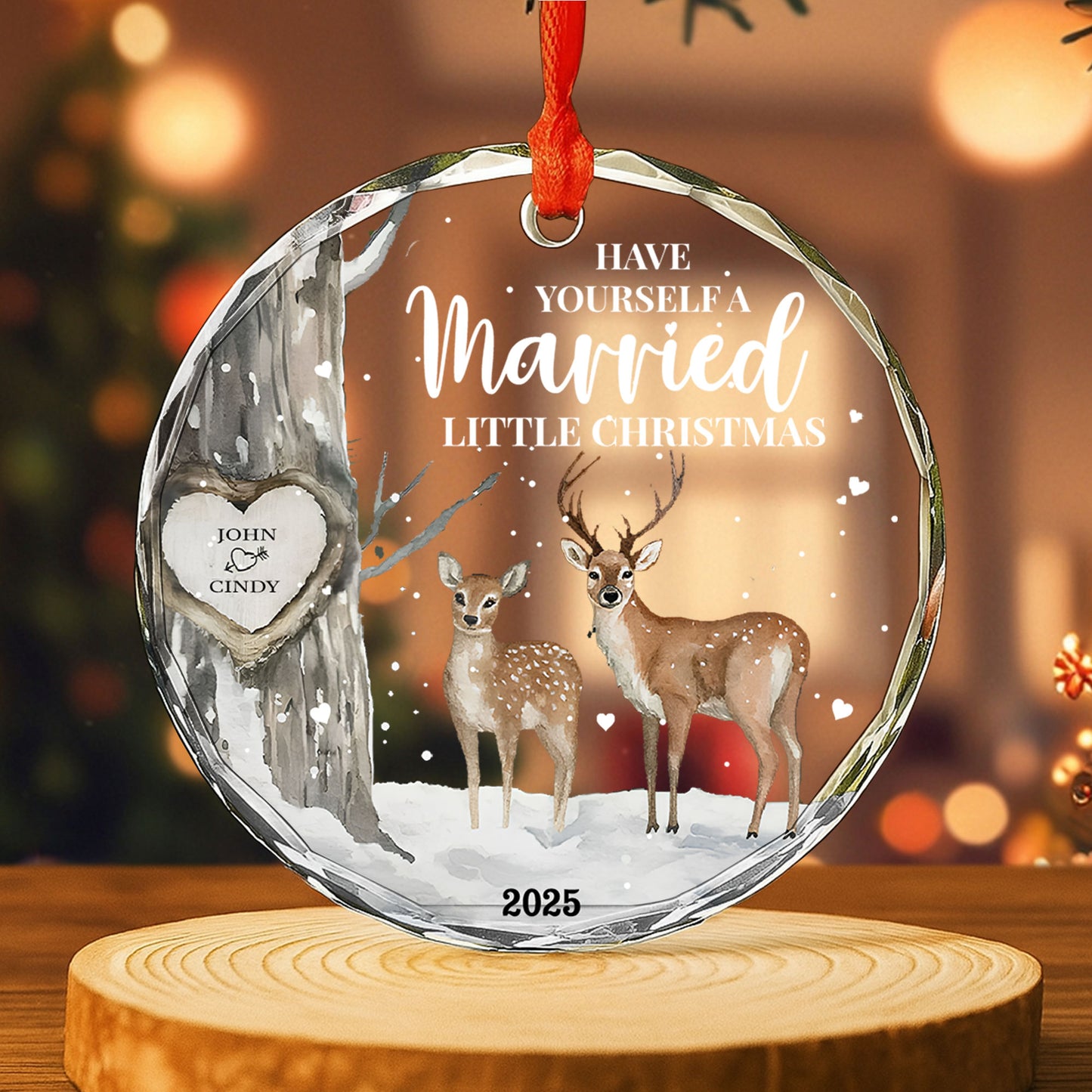 Have Yourself A Married Little Christmas with Deer and Heart Design - Personalized Custom Circle Glass Ornament - CPL508_CGOR