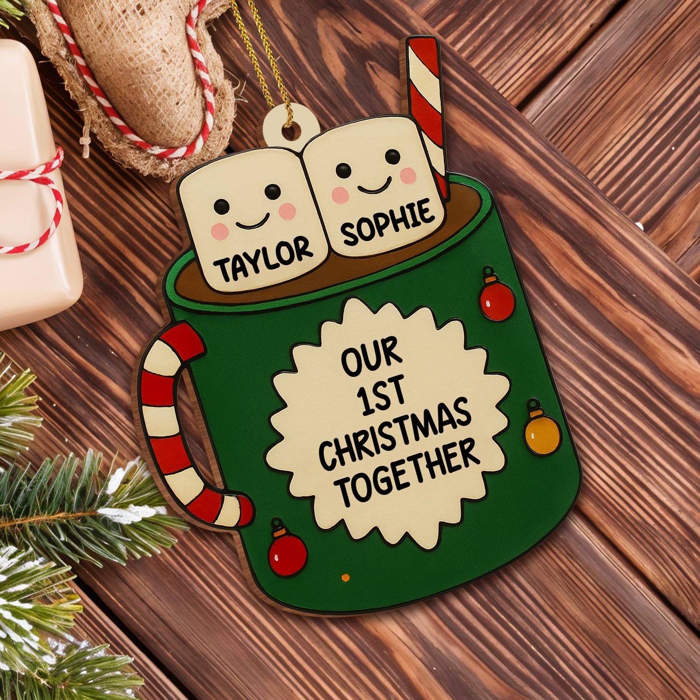 Our 1st Christmas Together, Marshmallows And Candy Cane - Personalized Custom Wood Ornament, Custom Shaped - CPL509_WDO