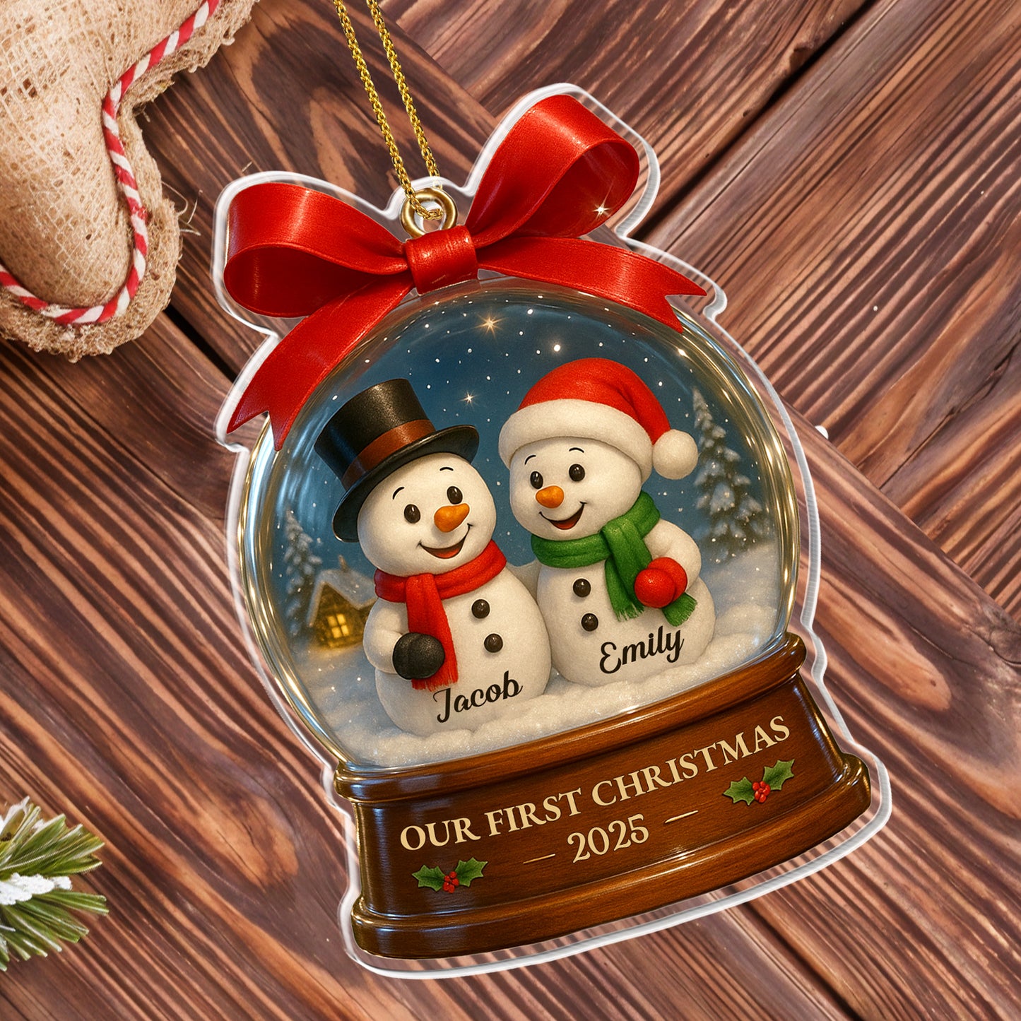 Notre premier Noël avec de joyeux bonhommes de neige dans une boule à neige – Décoration acrylique personnalisée, cadeau de Noël – CPL552_ACO