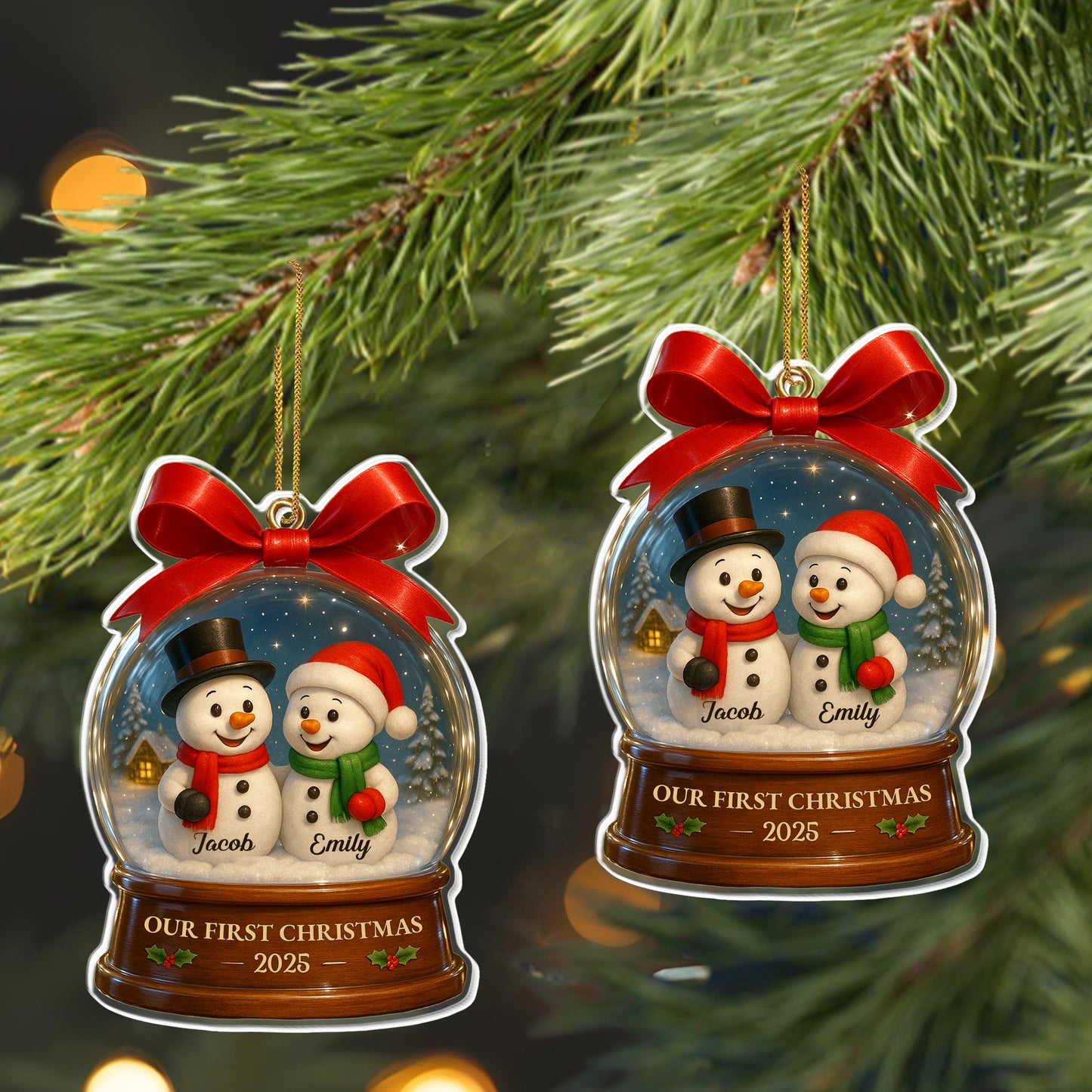 Notre premier Noël avec de joyeux bonhommes de neige dans une boule à neige – Décoration acrylique personnalisée, cadeau de Noël – CPL552_ACO