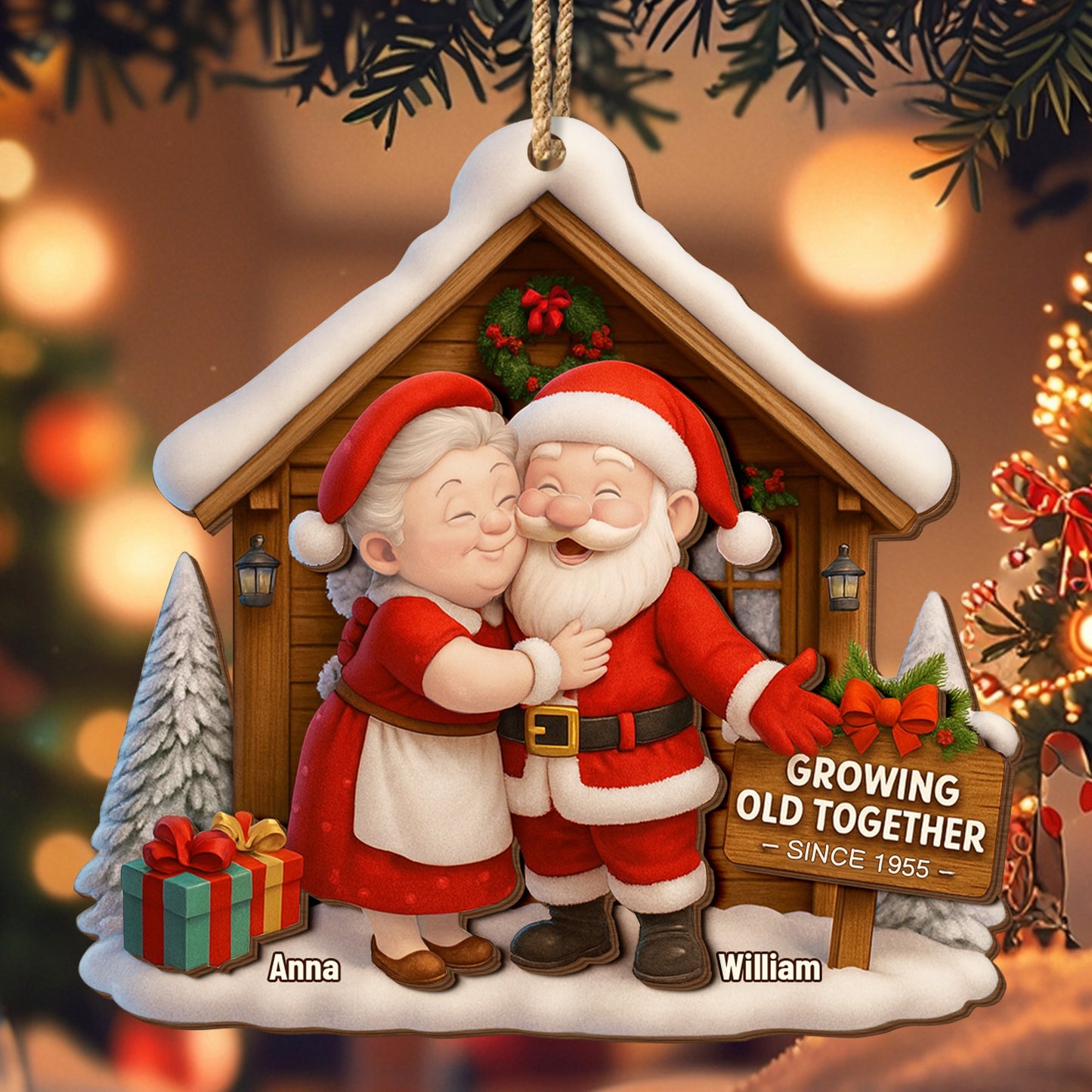 Growing Old Together, Santa Claus And Christmas Tree - Personalized Double Layer Wood Ornament - CPL563_DWO