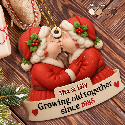 Growing Old Together, Santa Hats And Hearts - Personalized Custom Wood Ornament, Custom Shaped - CPL623_WDO