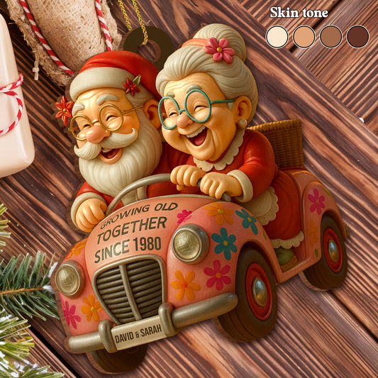 Growing Old Together, Elderly Couple In Vintage Car - Personalized Custom Wood Ornament, Custom Shaped - CPL764_WDO