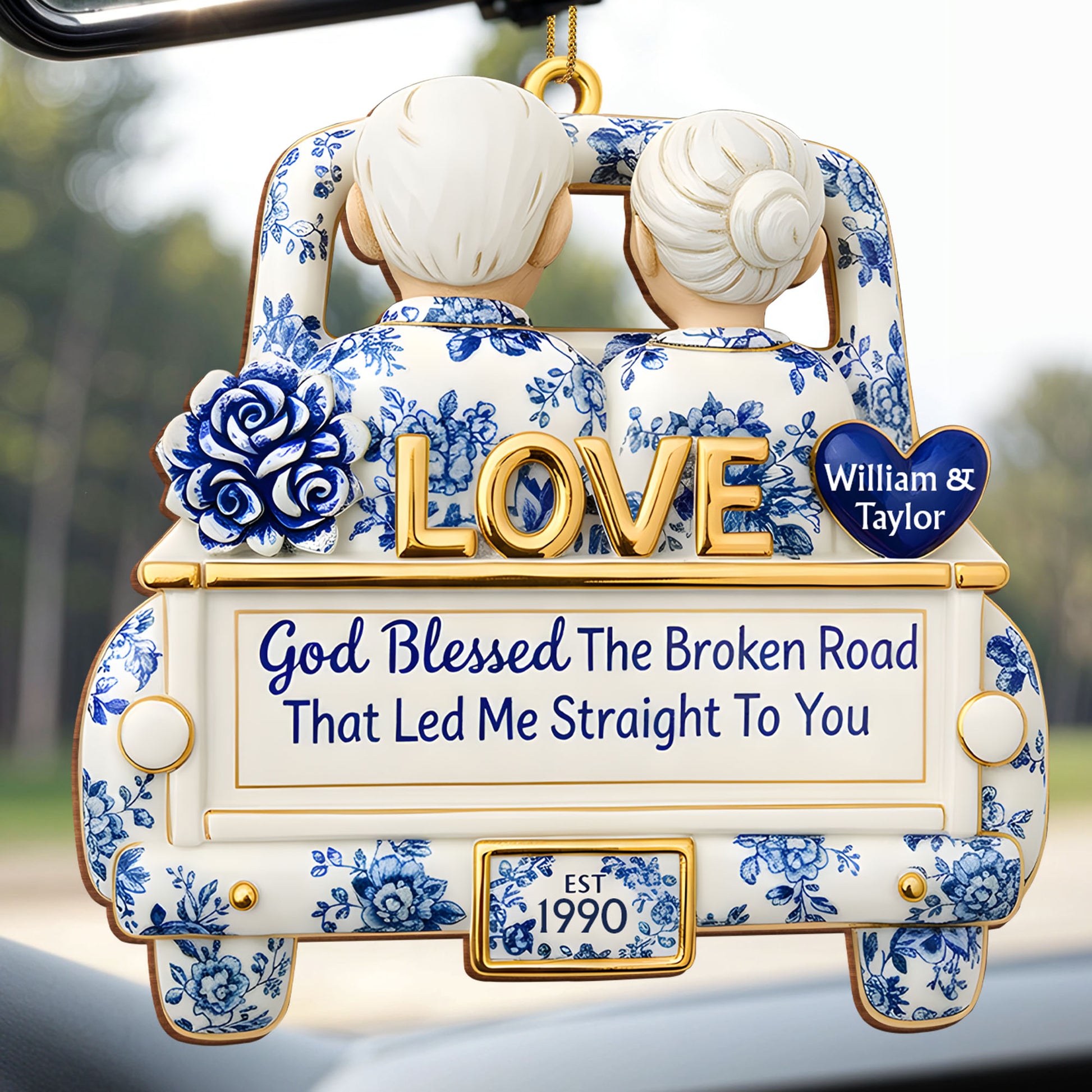 God Blessed The Broken Road, Love Car With Blue Flowers