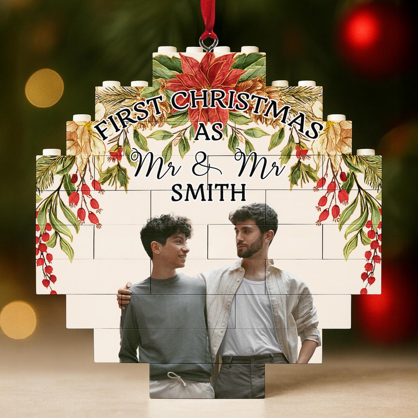 First Christmas As Mr. & Mr. With Poinsettias And Holly Berries