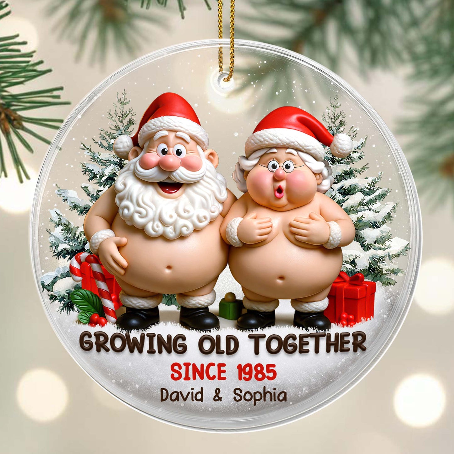 Growing Old Together With Santa Claus Figures And Christmas Trees