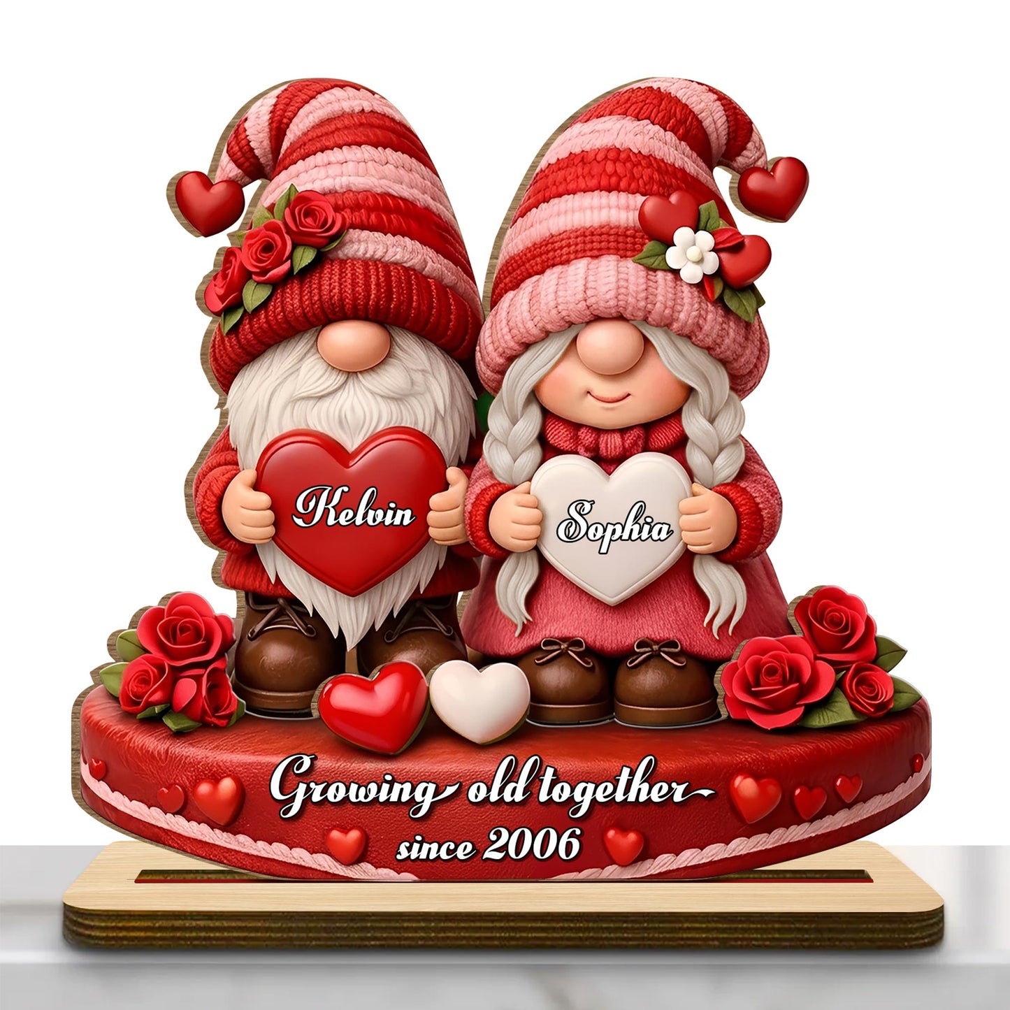 Growing Old Together, Gnomes With Hearts And Roses - Personalized Custom 2-Layer Wood Plaque With Flat Base - CPL979_WPLA