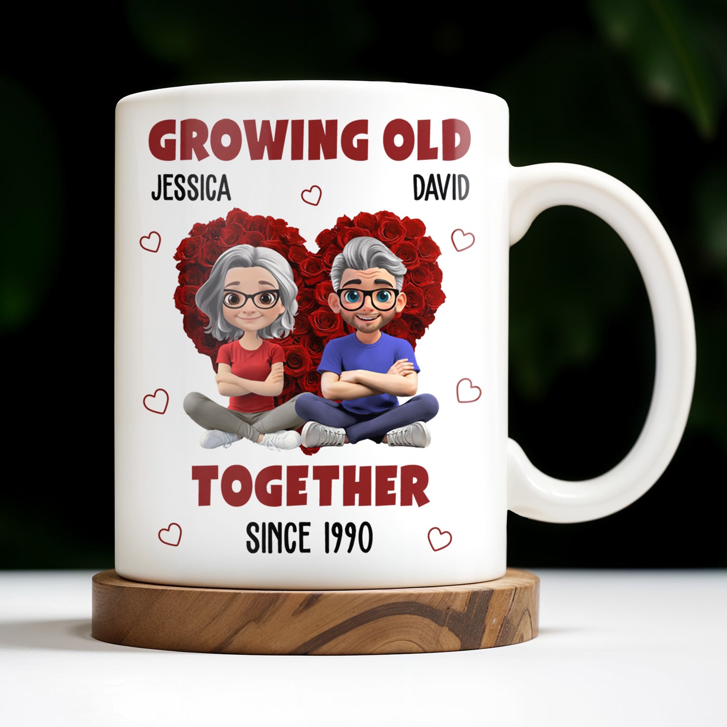 Growing Old Together Hearts and Cartoon Couple Design