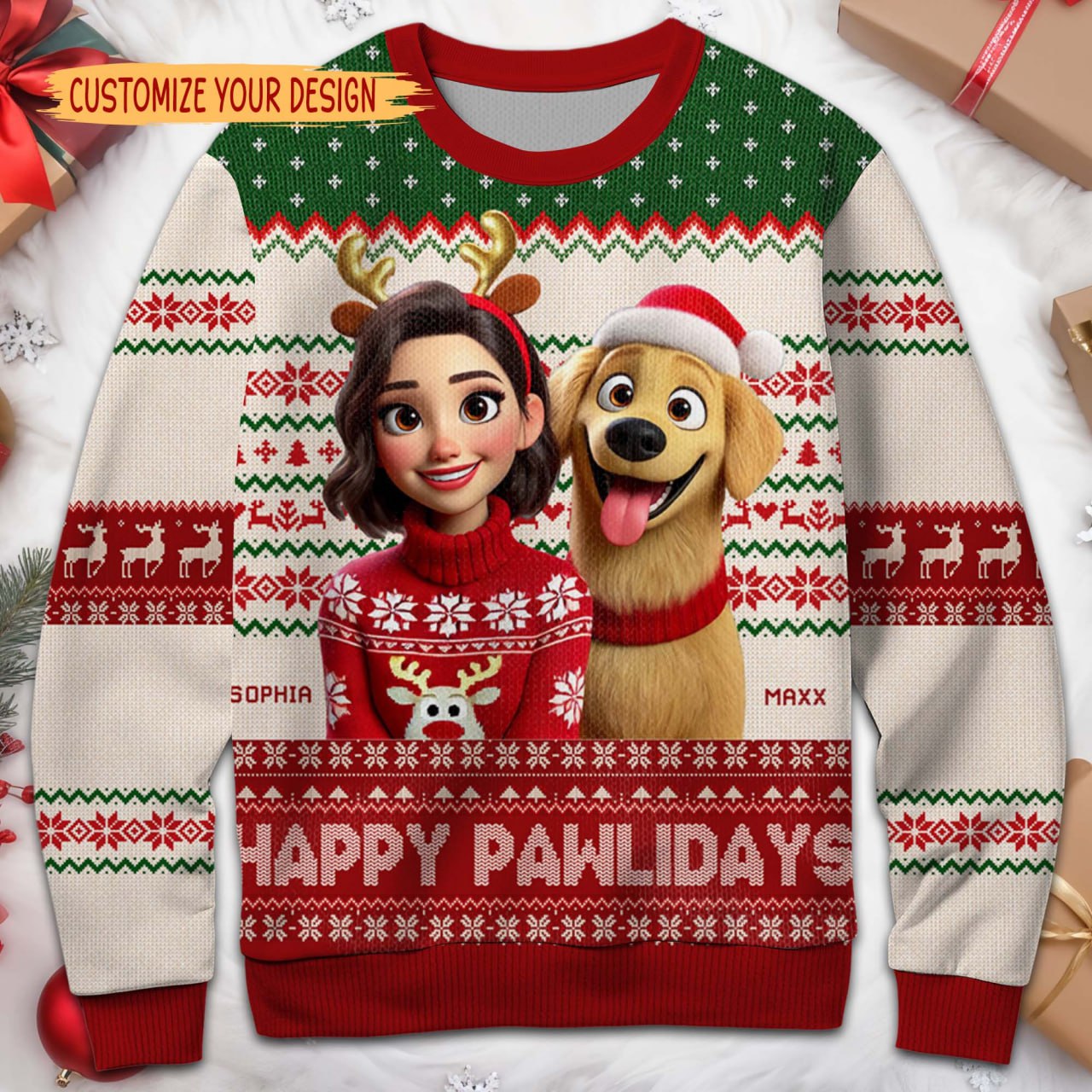 Happy Pawlidays Festive Reindeer Sweater - Personalized Custom Ugly Sweatshirt, Unisex Wool Jumper - PET054_TWS