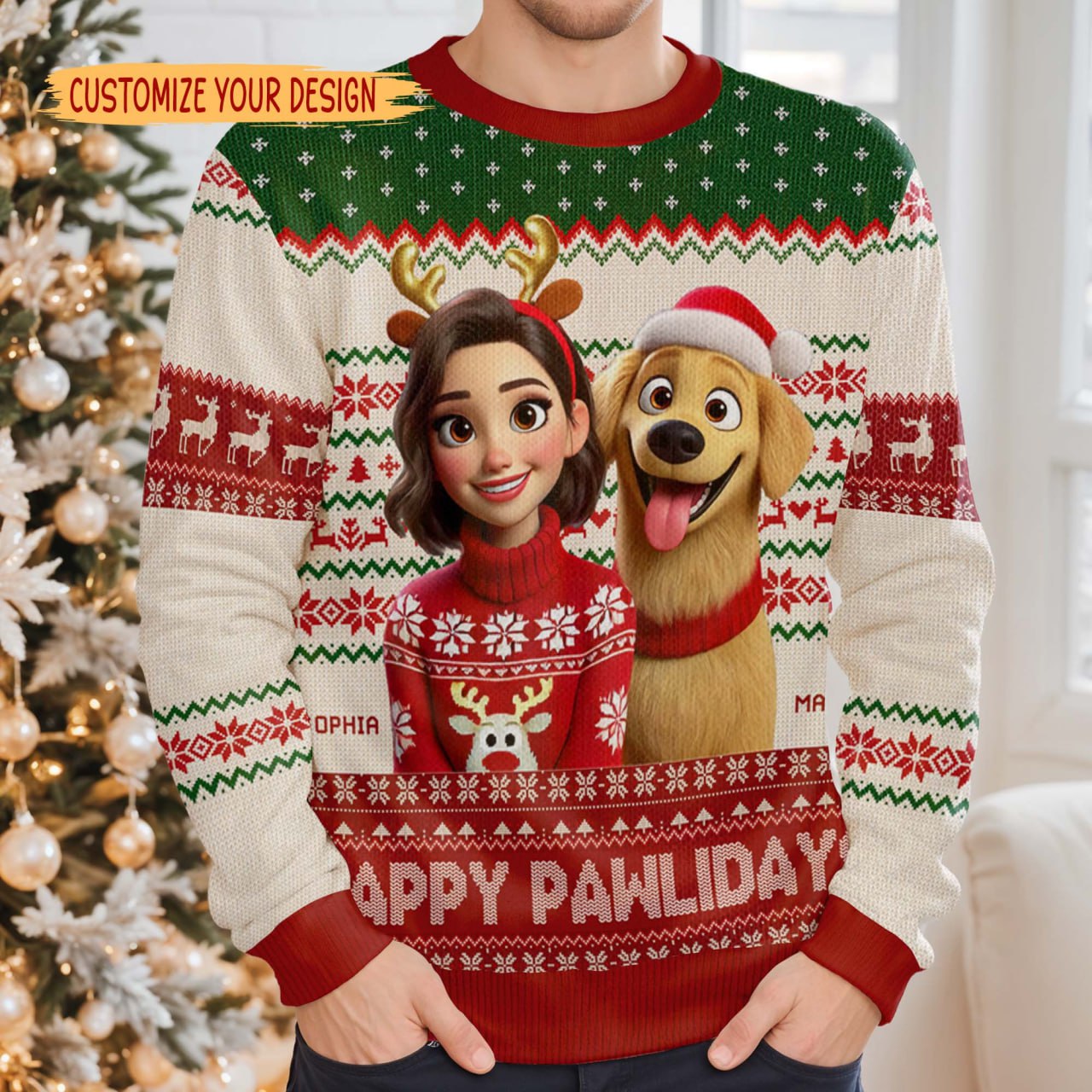 Happy Pawlidays Festive Reindeer Sweater - Personalized Custom Ugly Sweatshirt, Unisex Wool Jumper - PET054_TWS