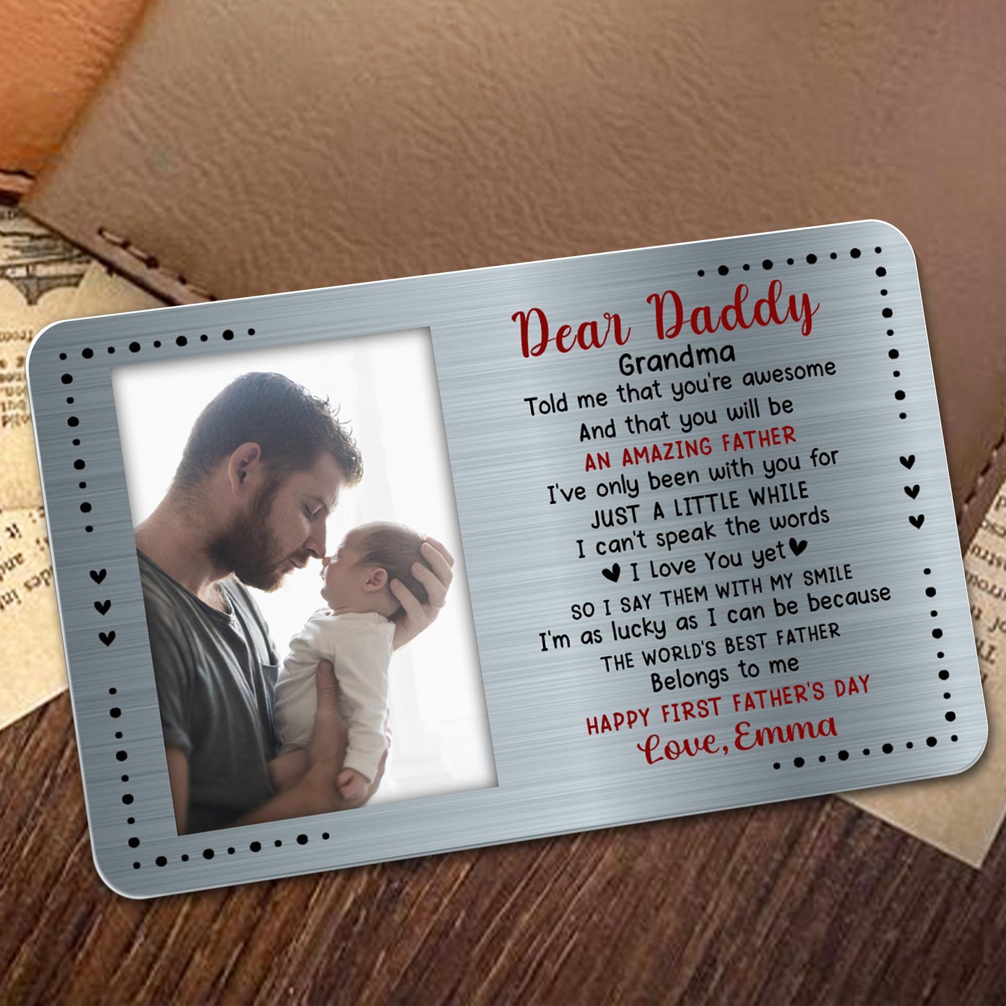 Dear Daddy, Grandma Told Me That You're Awesome, Hearts - Personalized Aluminum Wallet Card - DAD018_ALCA
