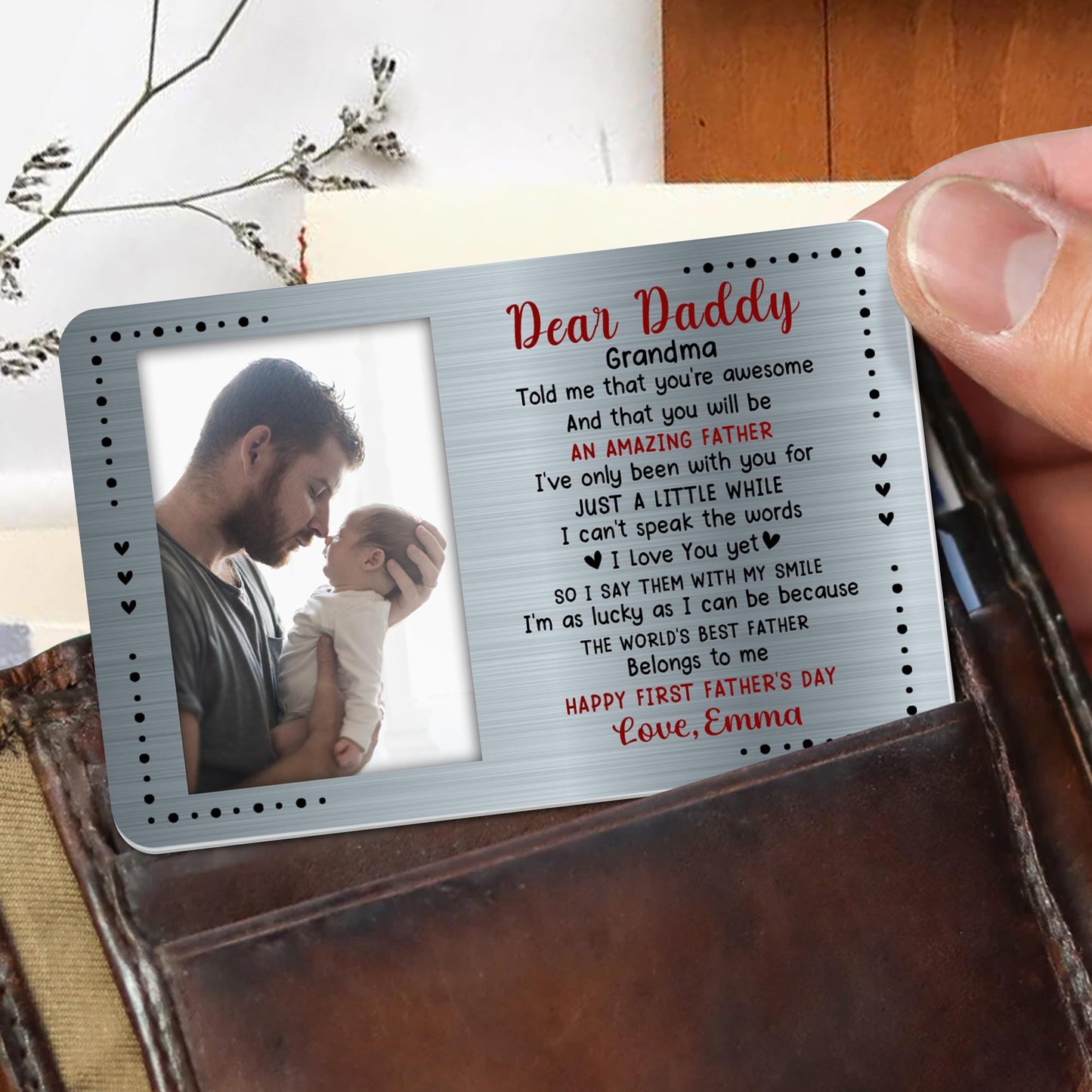Dear Daddy, Grandma Told Me That You're Awesome, Hearts - Personalized Aluminum Wallet Card - DAD018_ALCA