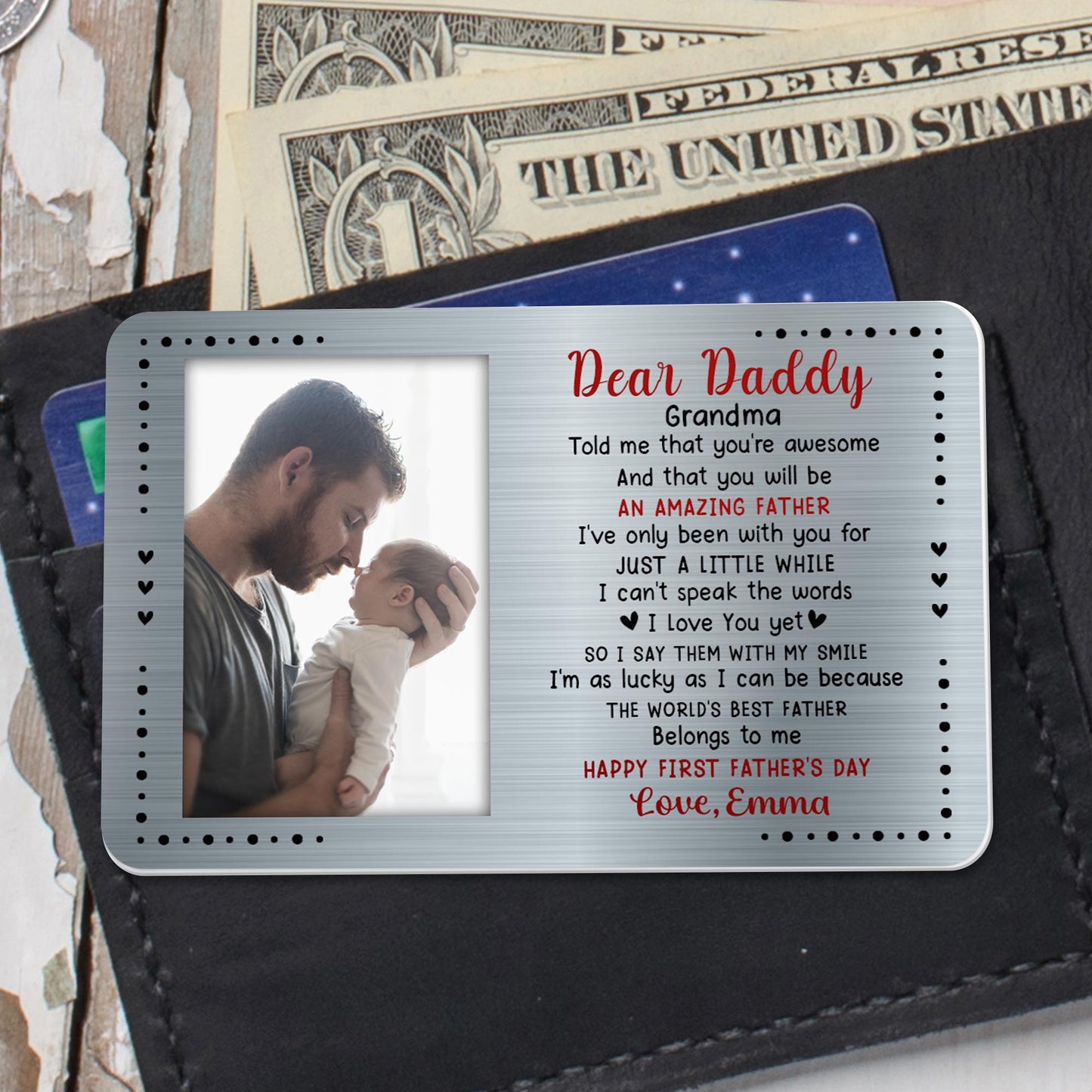 Dear Daddy, Grandma Told Me That You're Awesome, Hearts - Personalized Aluminum Wallet Card - DAD018_ALCA