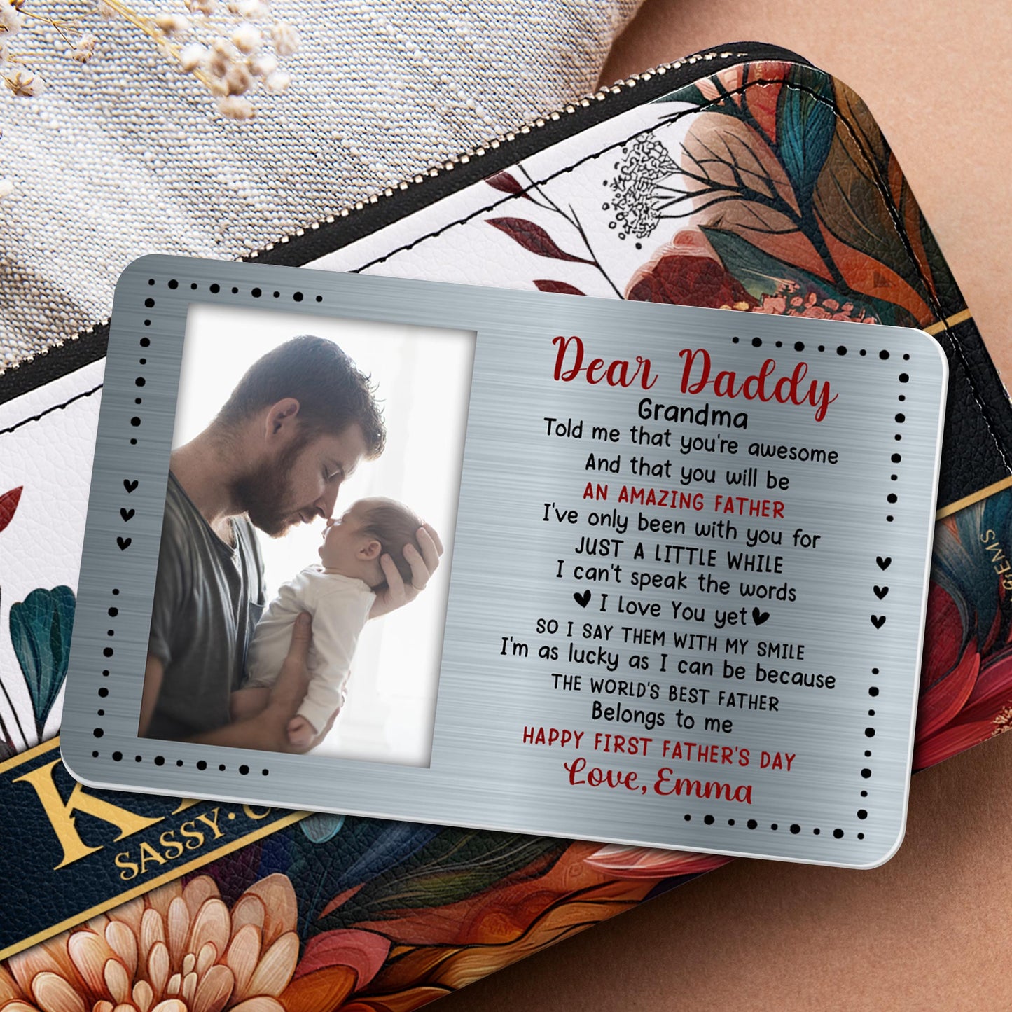 Dear Daddy, Grandma Told Me That You're Awesome, Hearts - Personalized Aluminum Wallet Card - DAD018_ALCA