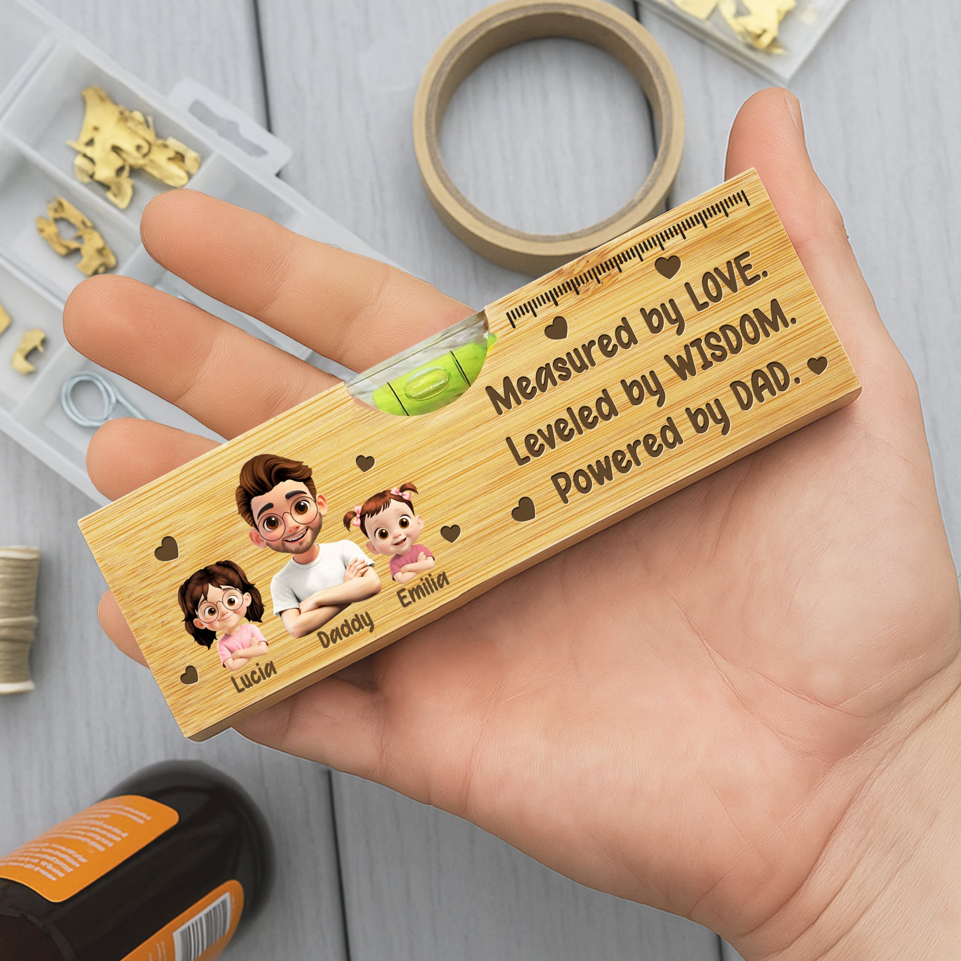 Measured By Love, Leveled By Wisdom, Powered By Dad, Spirit Level And Bottle Opener