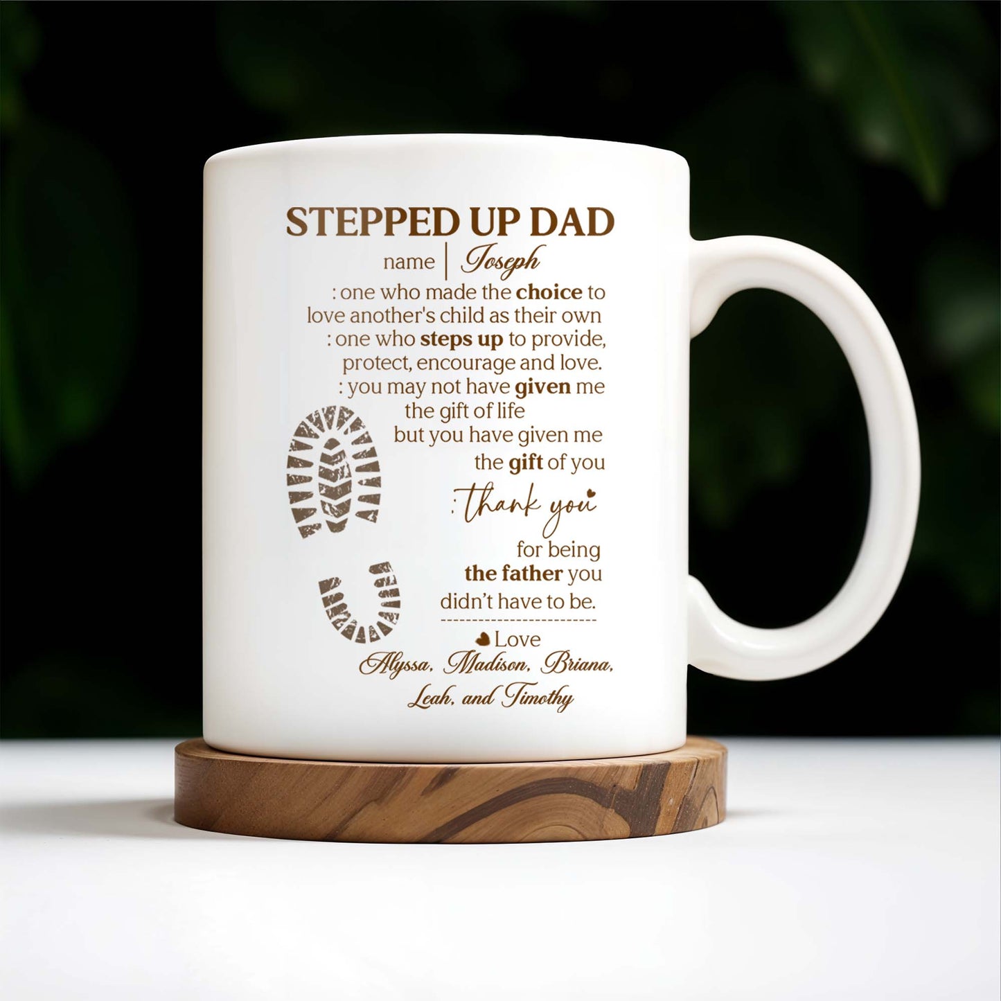Stepped Up Dad Love and Encouragement Footprints Mug