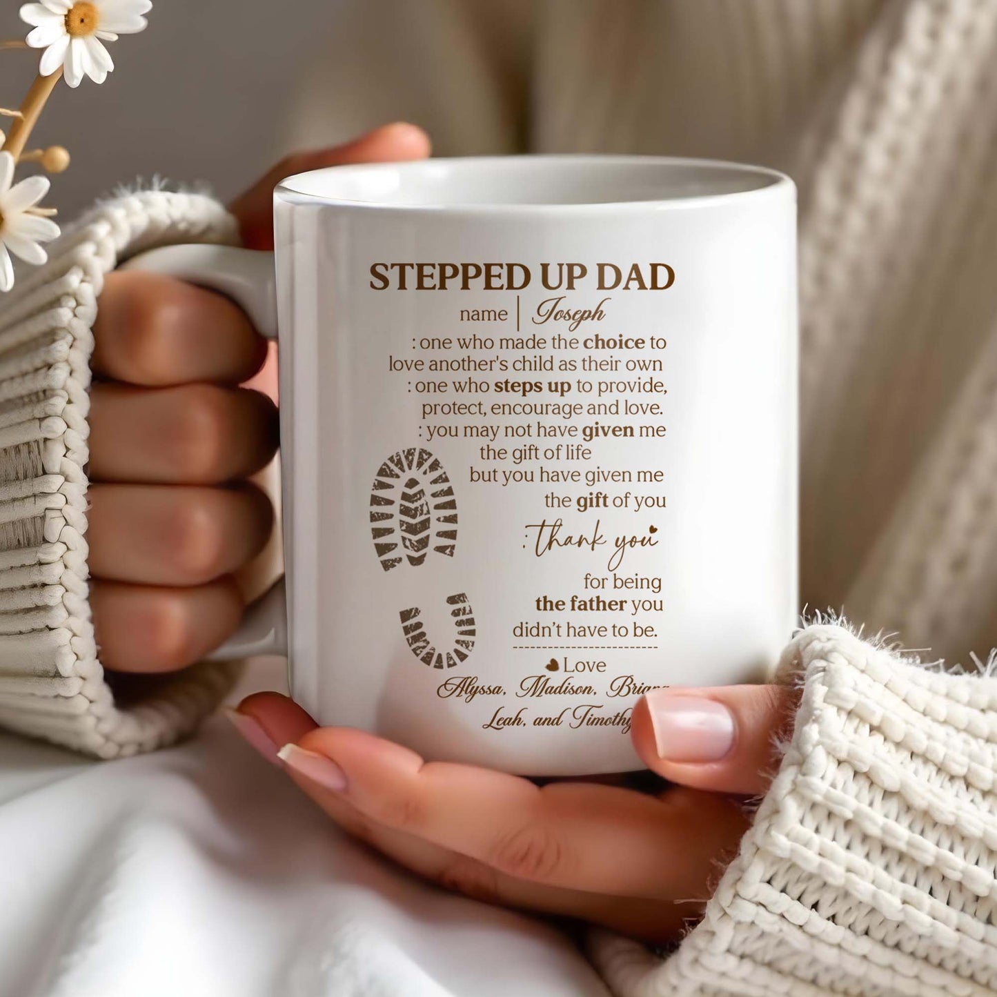 Stepped Up Dad Love and Encouragement Footprints Mug