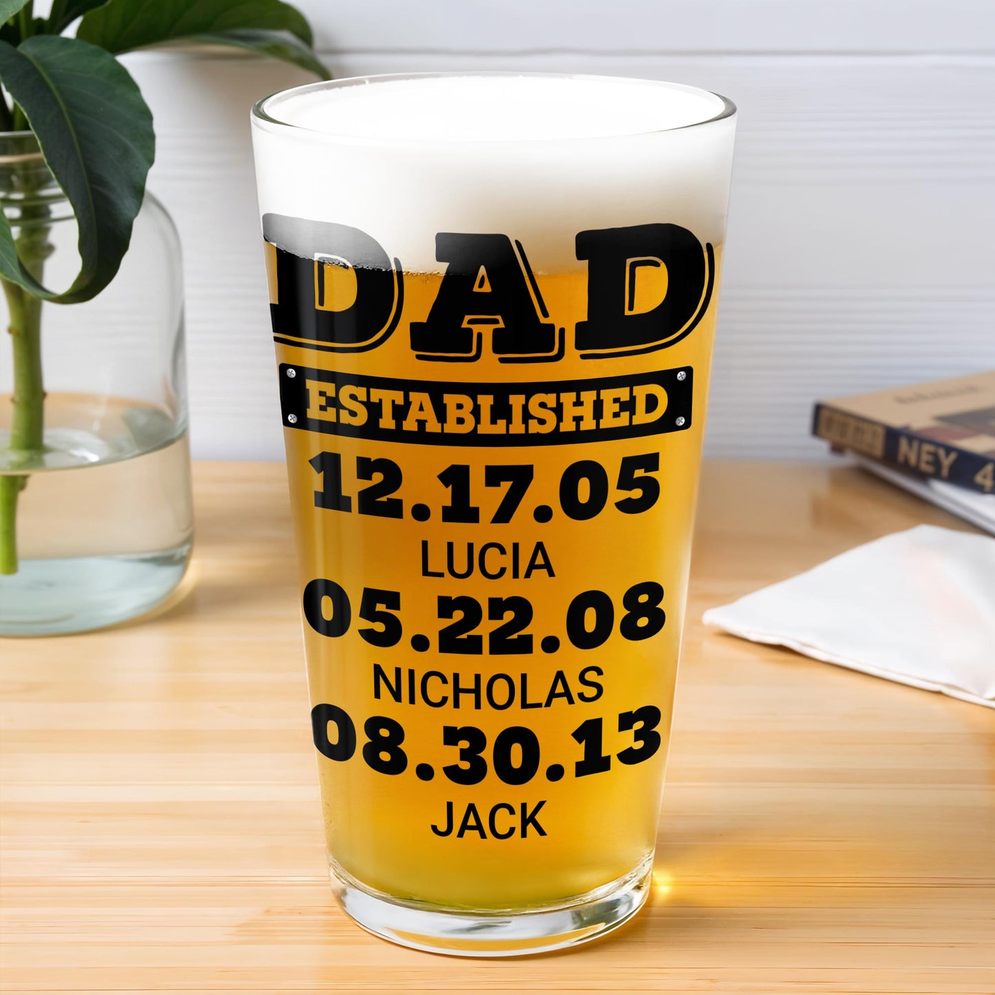 Dad Established Dates Personalized Beer Glass