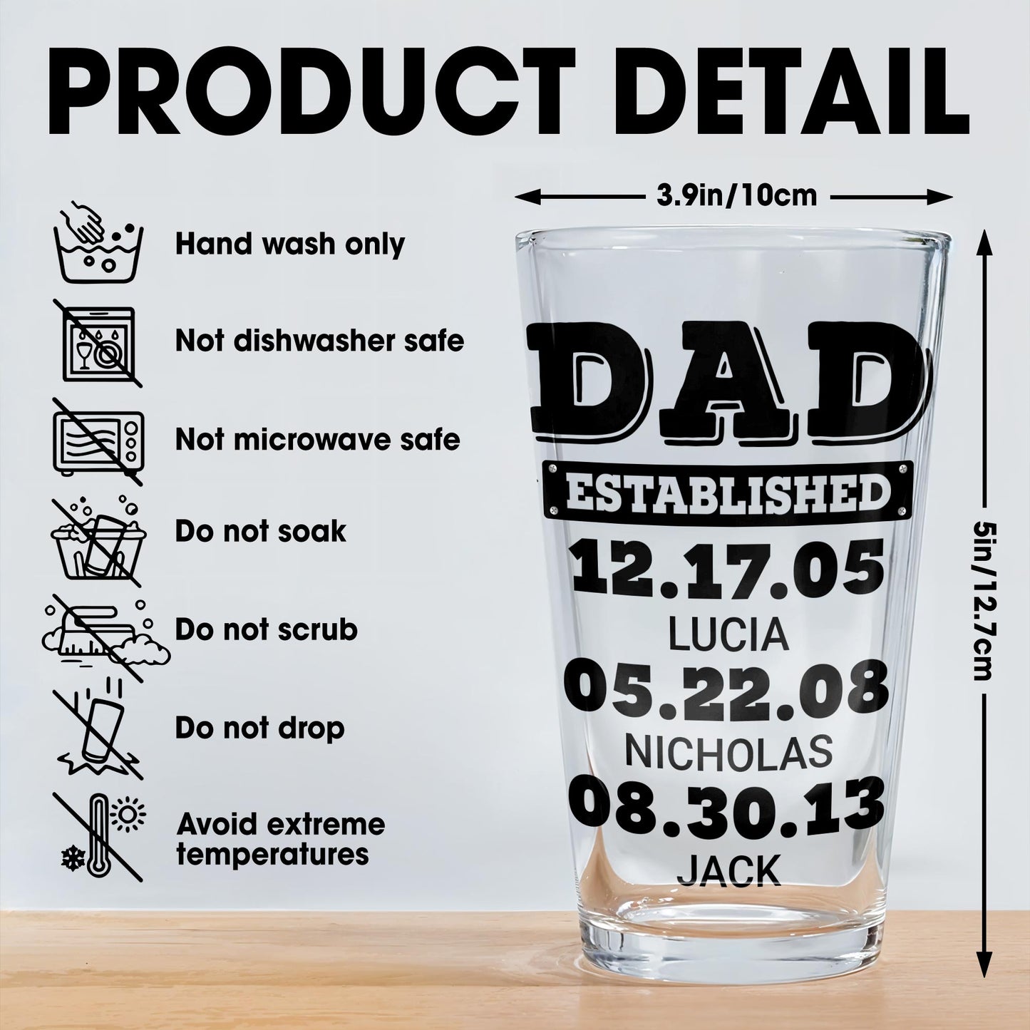 Dad Established Dates Personalized Beer Glass