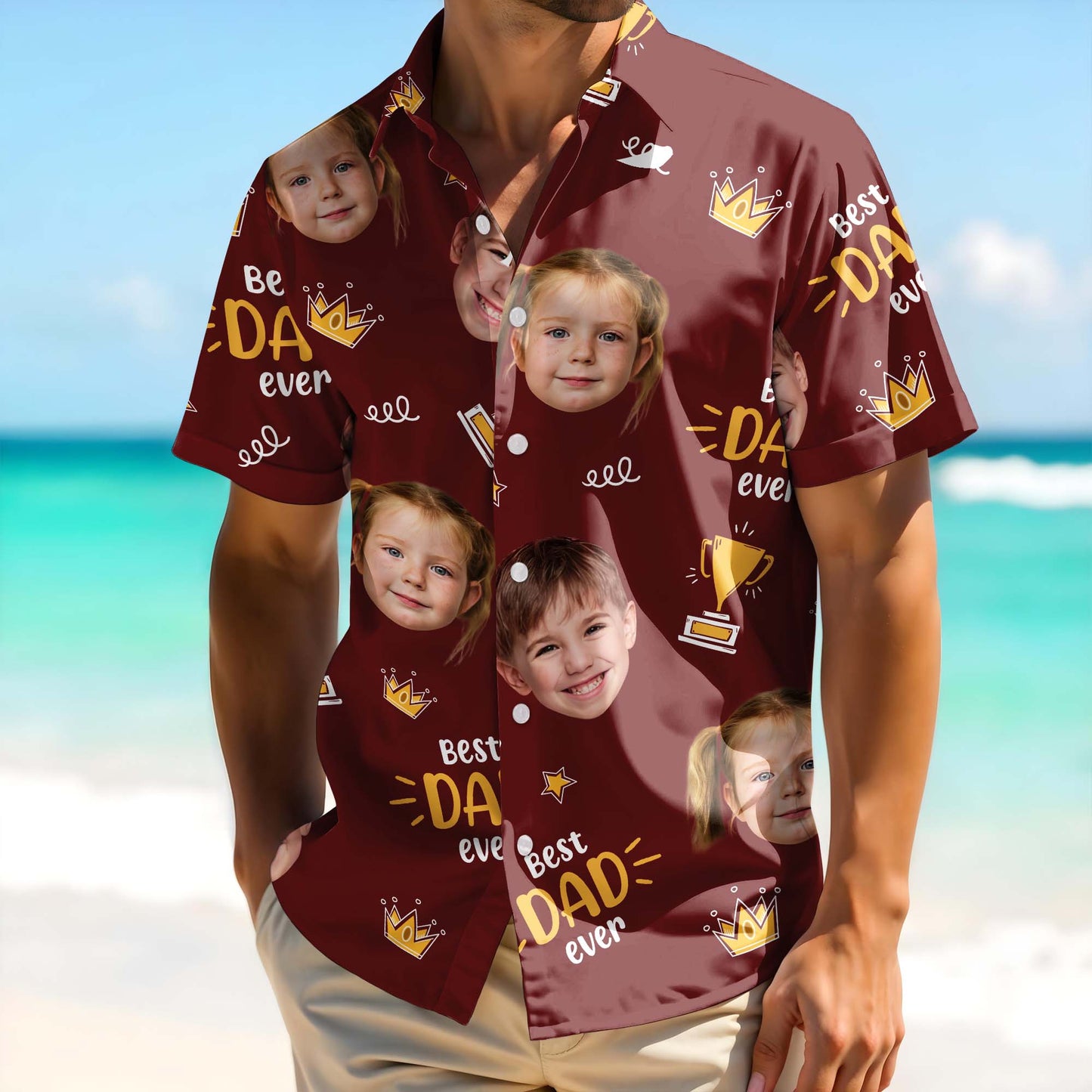 Meilleur papa de tous les temps, couronne et trophée – T-shirt hawaïen unisexe personnalisé – DAD044_HW