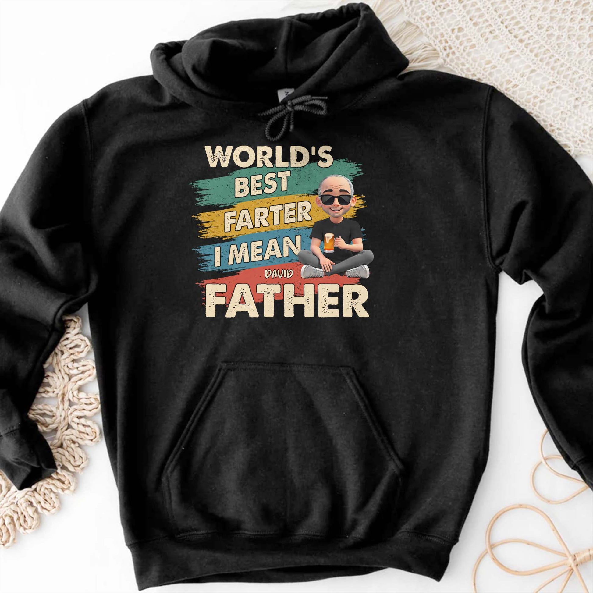 World's Best Farter I Mean Father, Text and Cartoon Character