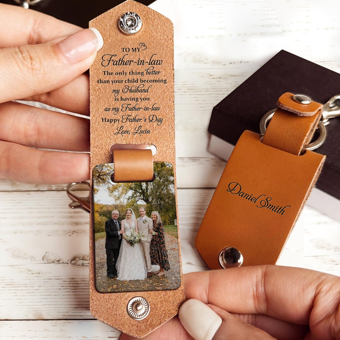 To My Father-in-law, The only thing better, Wedding Photo Leather Keychain