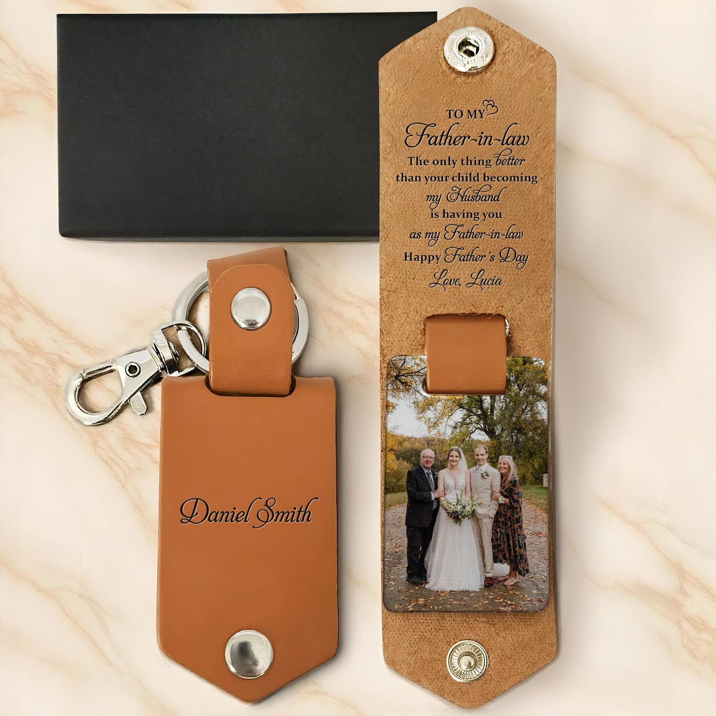 To My Father-in-law, The only thing better, Wedding Photo Leather Keychain