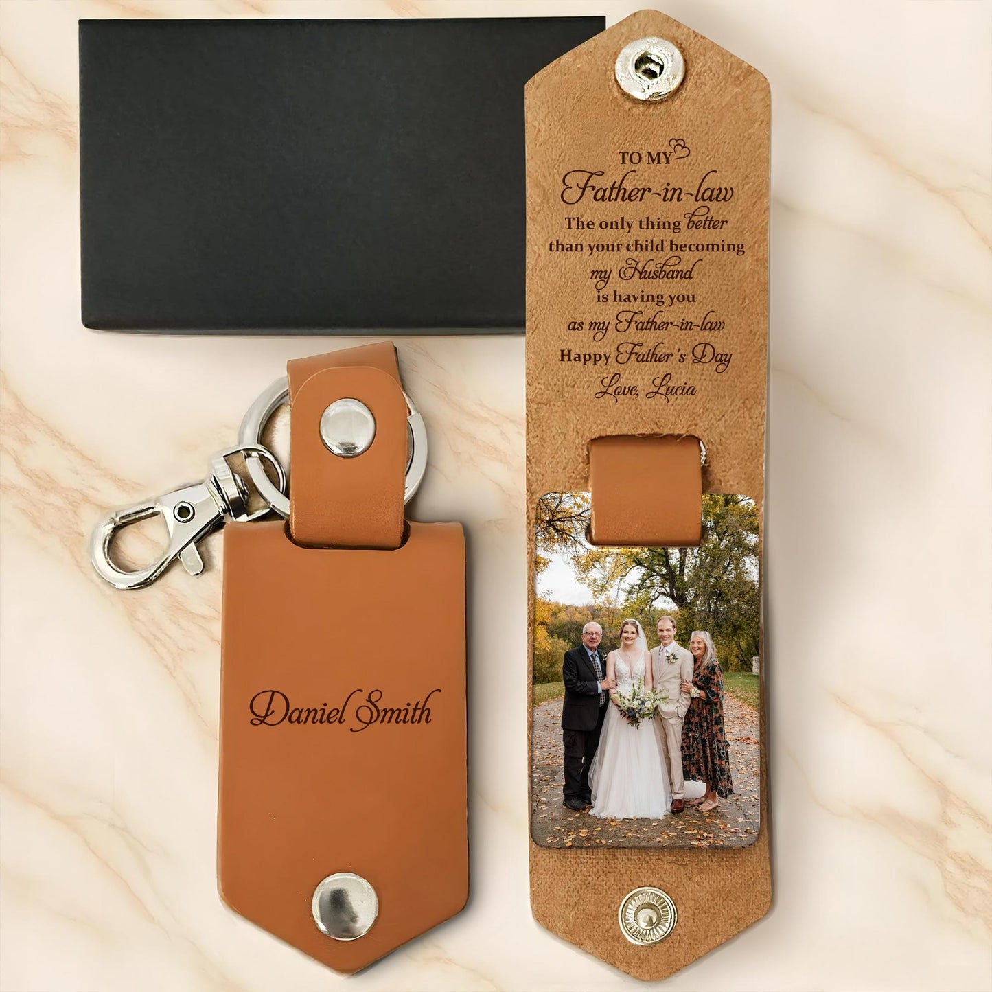 To My Father-in-law, The only thing better, Wedding Photo Leather Keychain