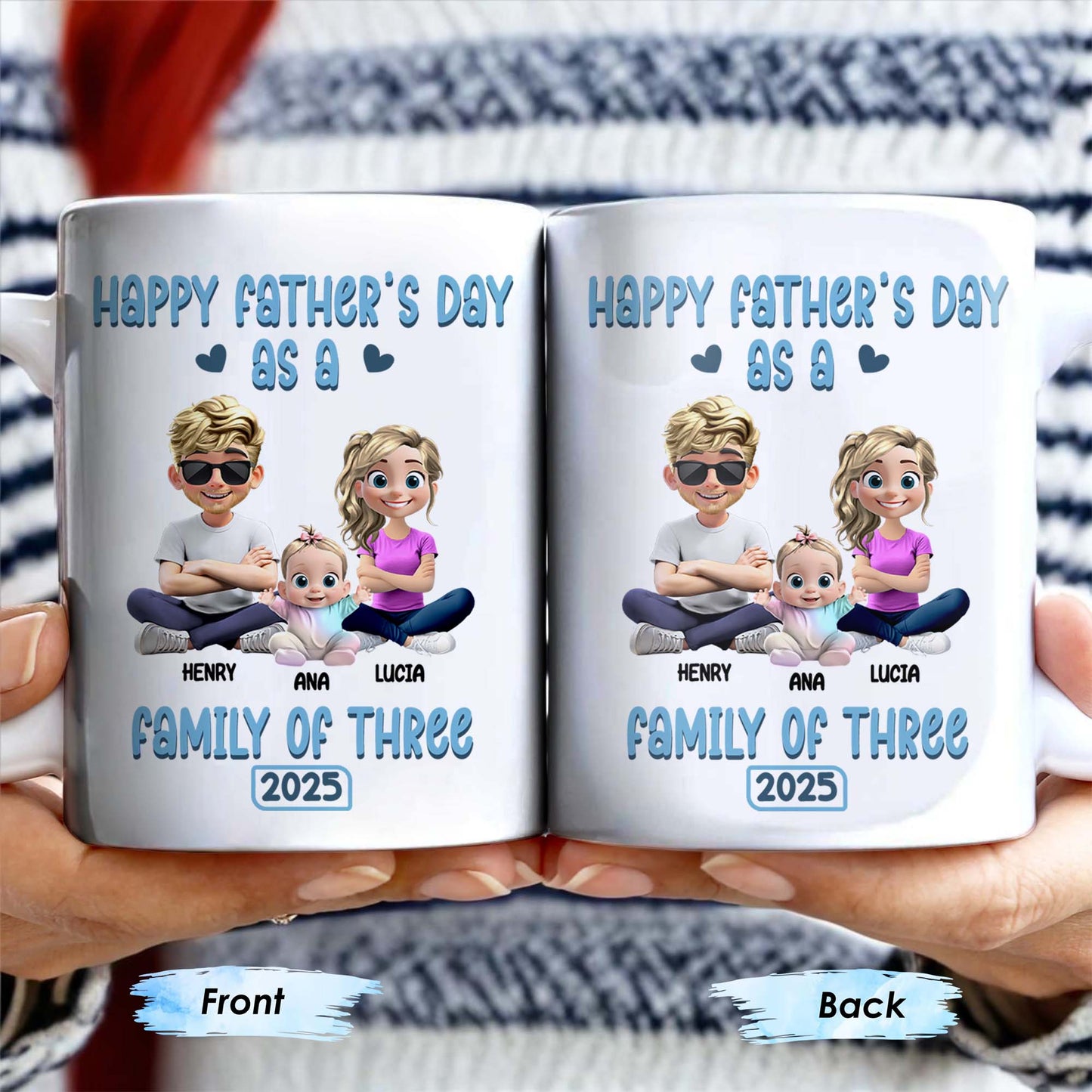 Happy Father's Day As A Family Of Three, Hearts And Family Design