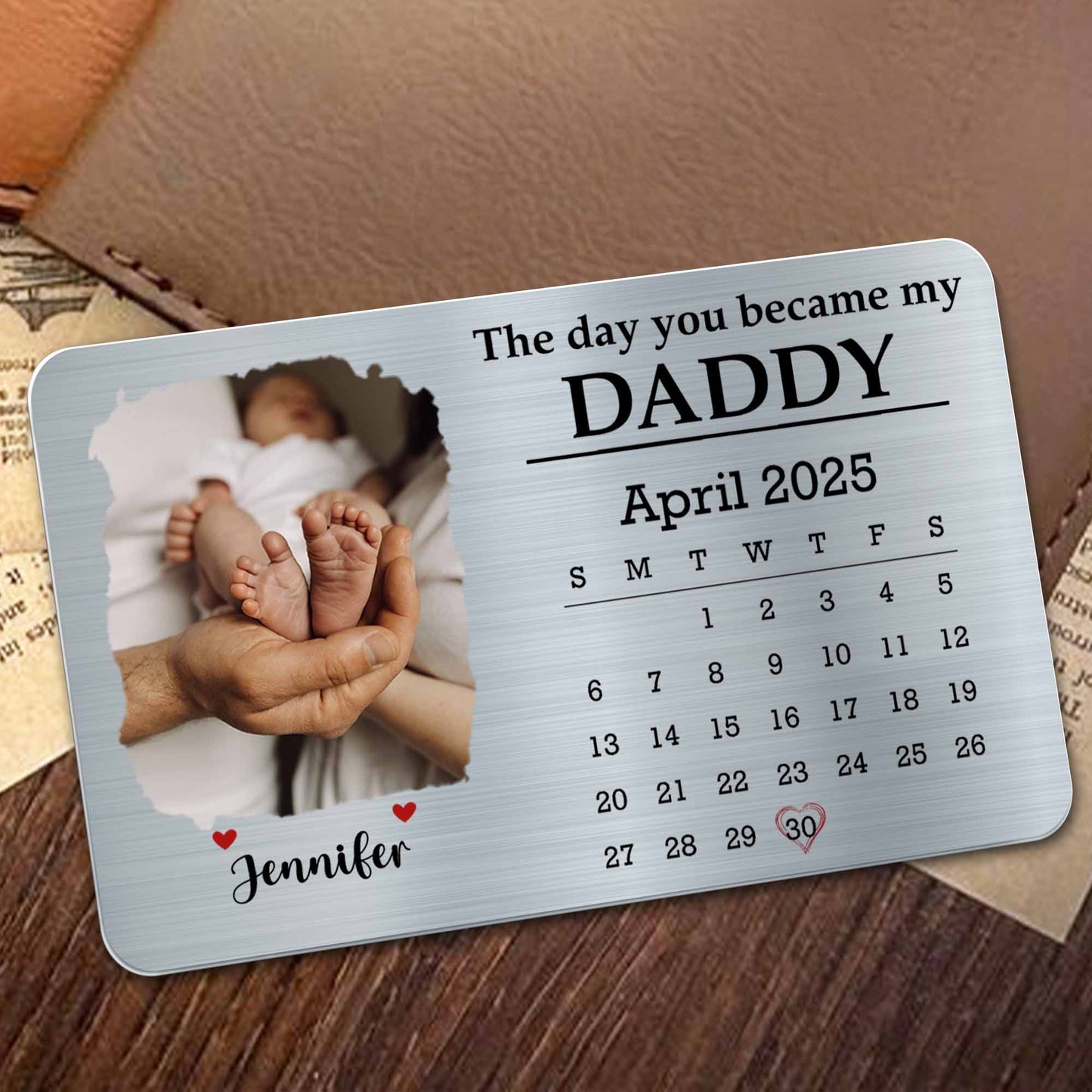 Le jour où tu es devenu mon papa, pieds de bébé et calendrier - Carte portefeuille personnalisée en aluminium - DAD112_ALCA