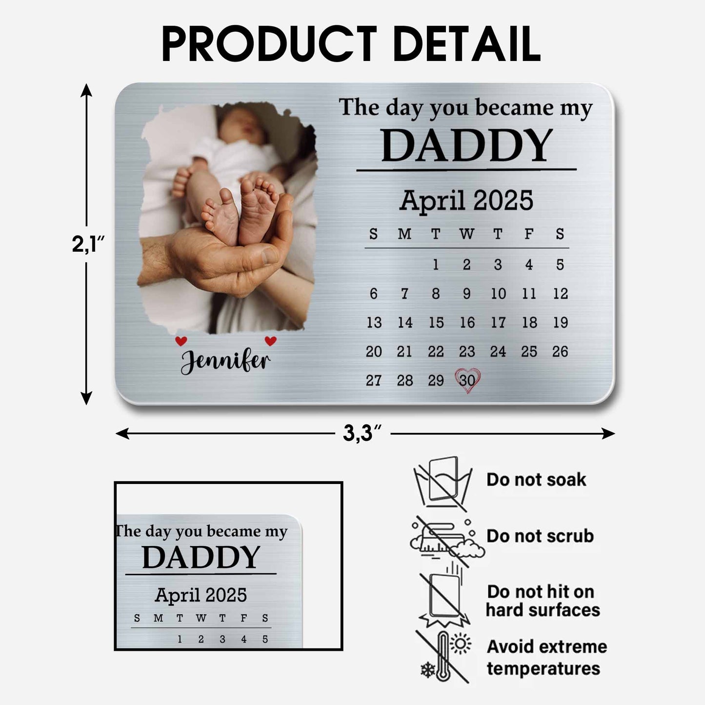 Le jour où tu es devenu mon papa, pieds de bébé et calendrier - Carte portefeuille personnalisée en aluminium - DAD112_ALCA