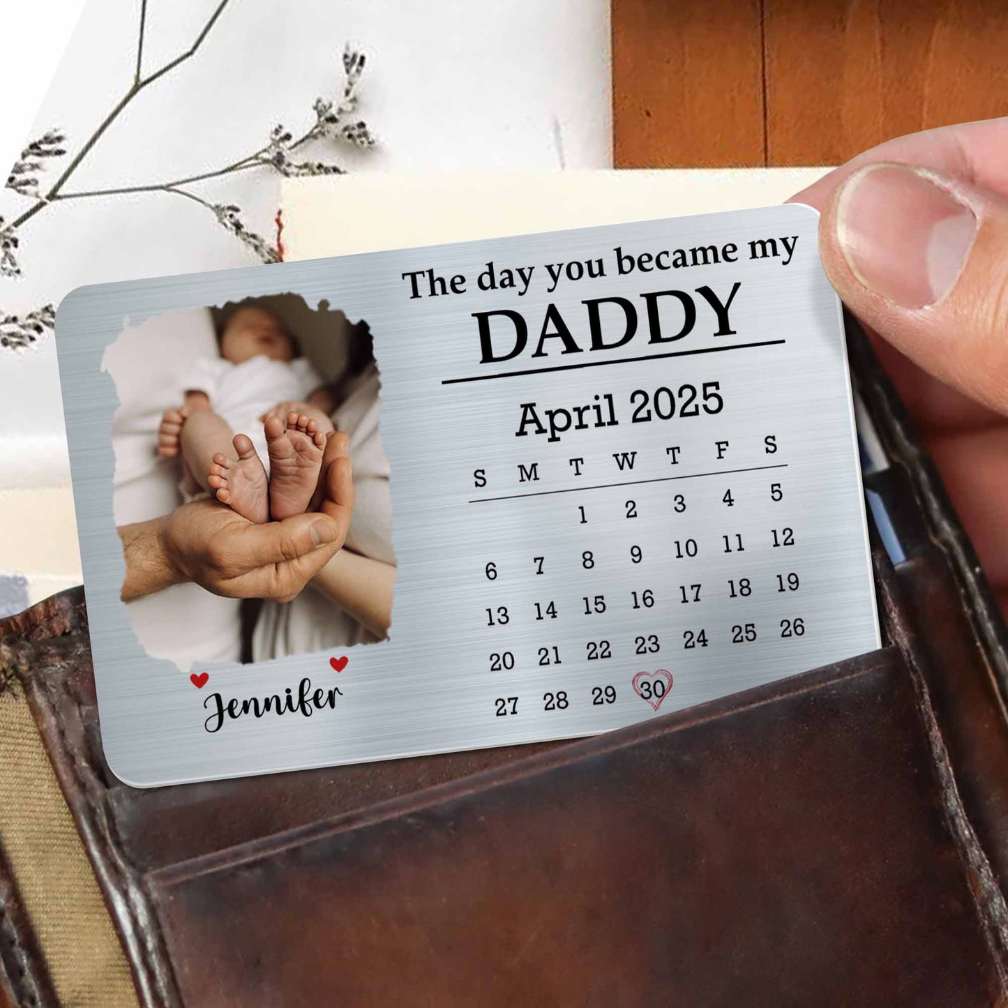 Le jour où tu es devenu mon papa, pieds de bébé et calendrier - Carte portefeuille personnalisée en aluminium - DAD112_ALCA
