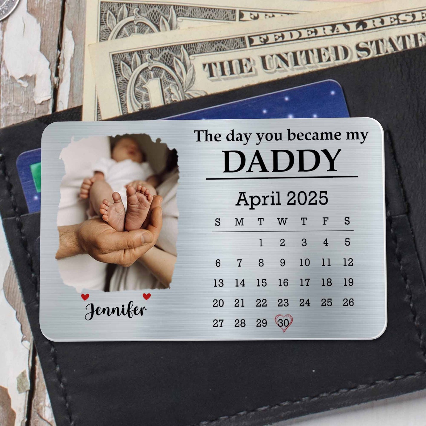 Le jour où tu es devenu mon papa, pieds de bébé et calendrier - Carte portefeuille personnalisée en aluminium - DAD112_ALCA