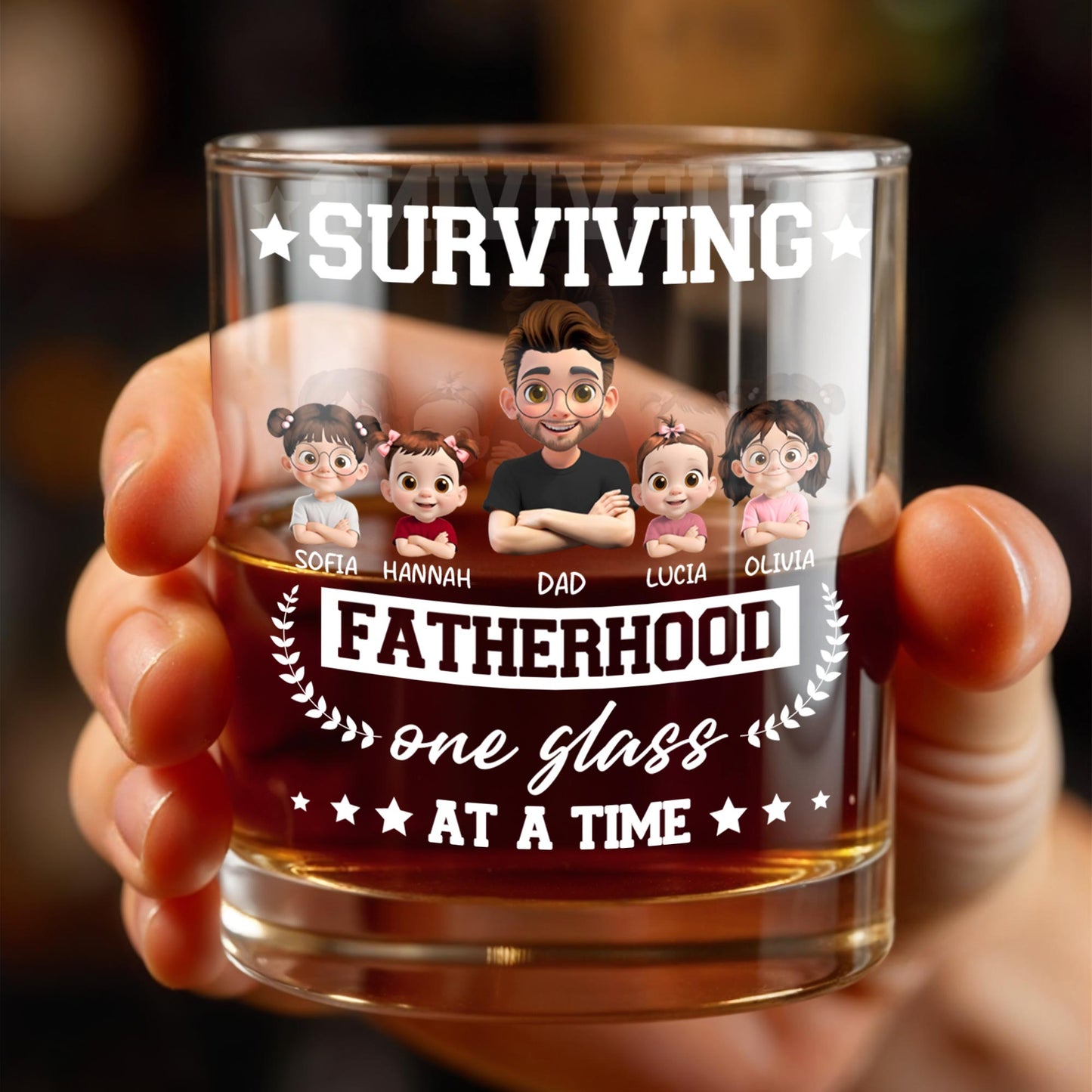 Surviving Fatherhood One Glass At A Time, Cartoon Family - Personalized Custom Whiskey Glass - DAD115_RWG