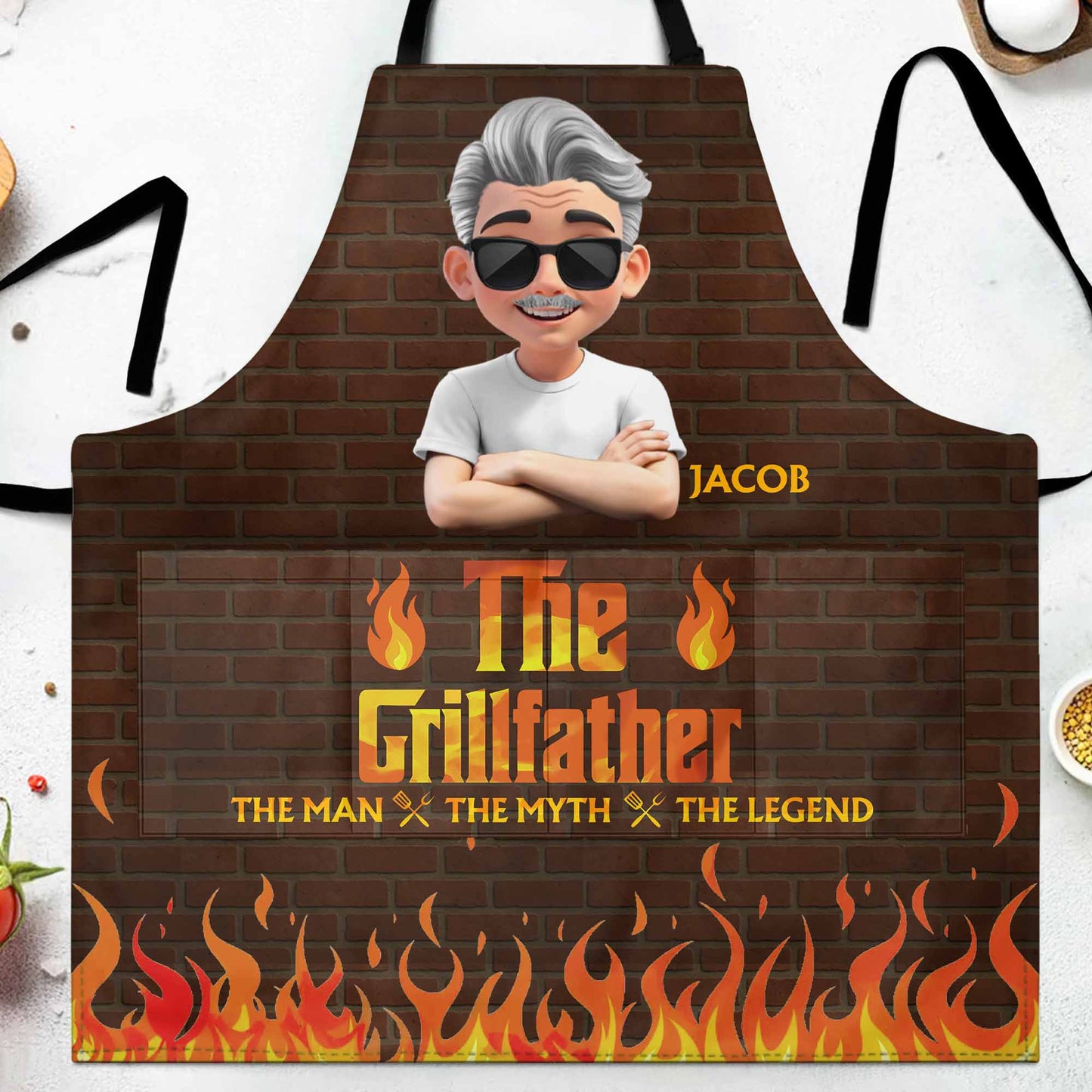 The Grillfather, The Man, The Myth, The Legend, Brick and Flames
