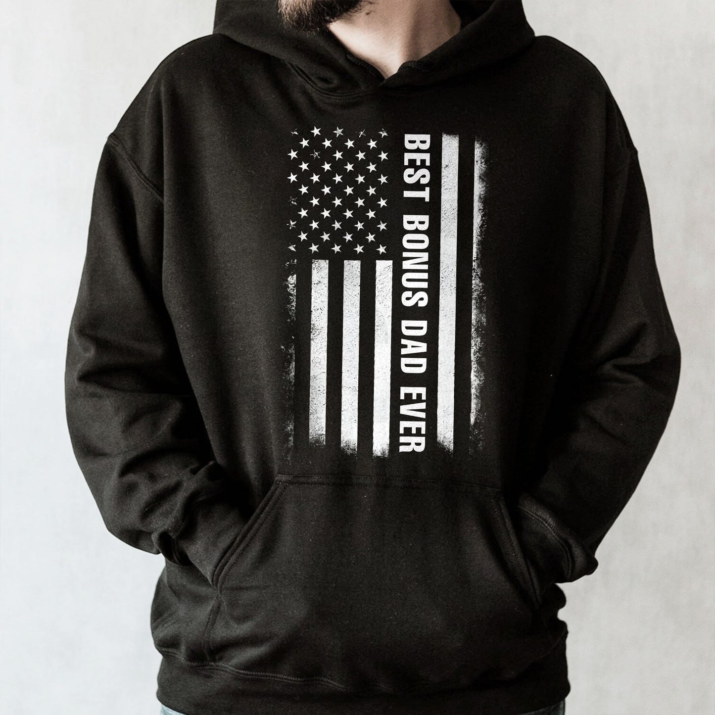 Best Bonus Dad Ever, American Flag and Grunge Text