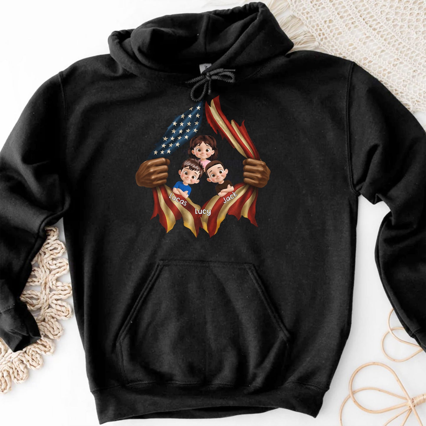 Patriotic T-Shirt Featuring American Flag and Cartoon Children