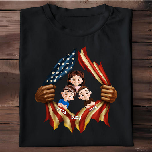 Patriotic T-Shirt Featuring American Flag and Cartoon Children