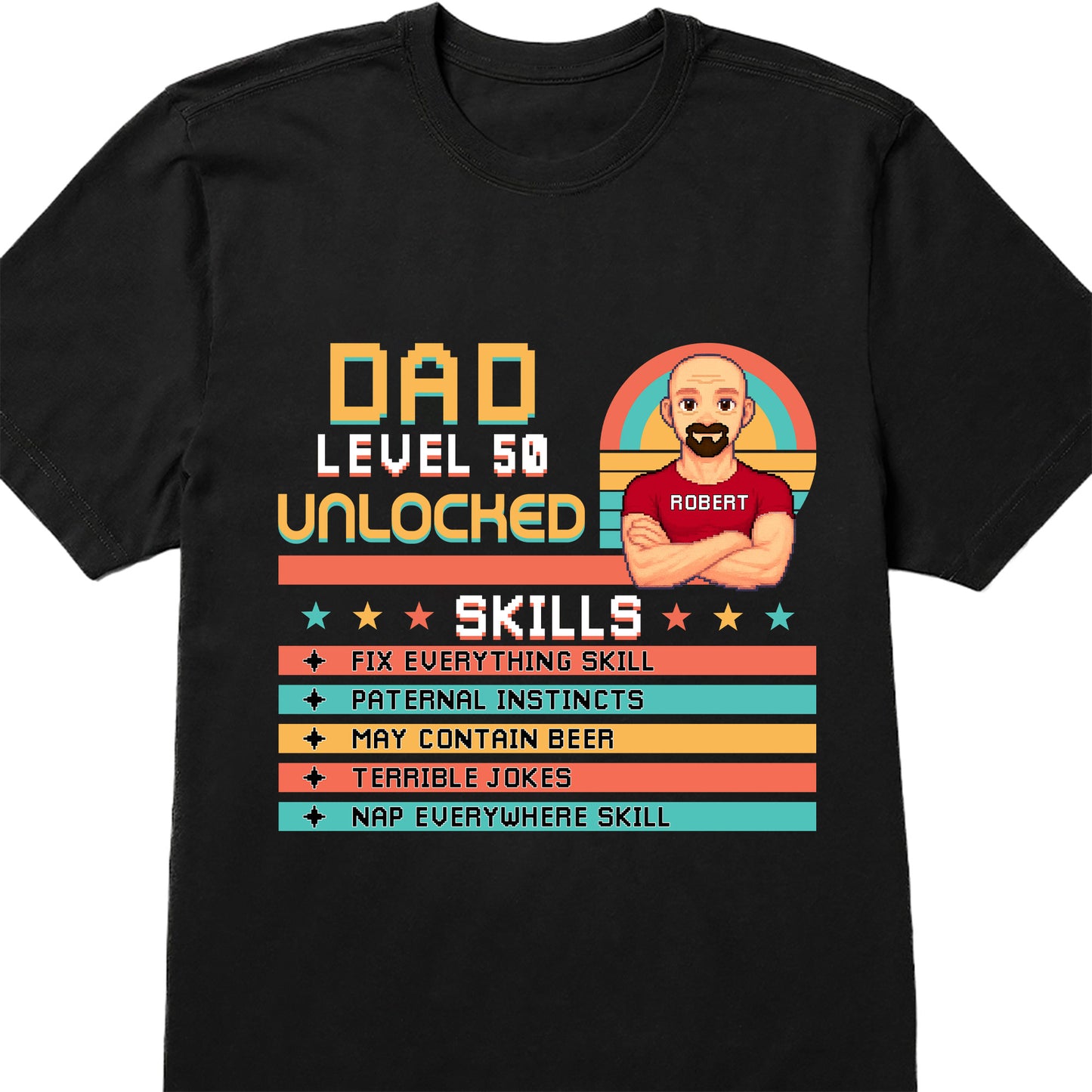 Dad Level 50 Unlocked, Video Game Style, Pixel Texts, Avatar, Skill List
