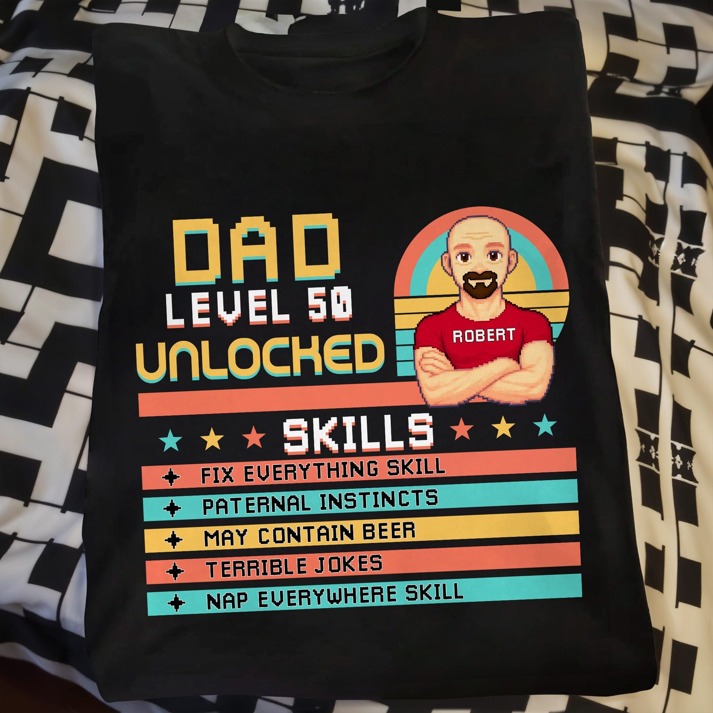Dad Level 50 Unlocked, Video Game Style, Pixel Texts, Avatar, Skill List