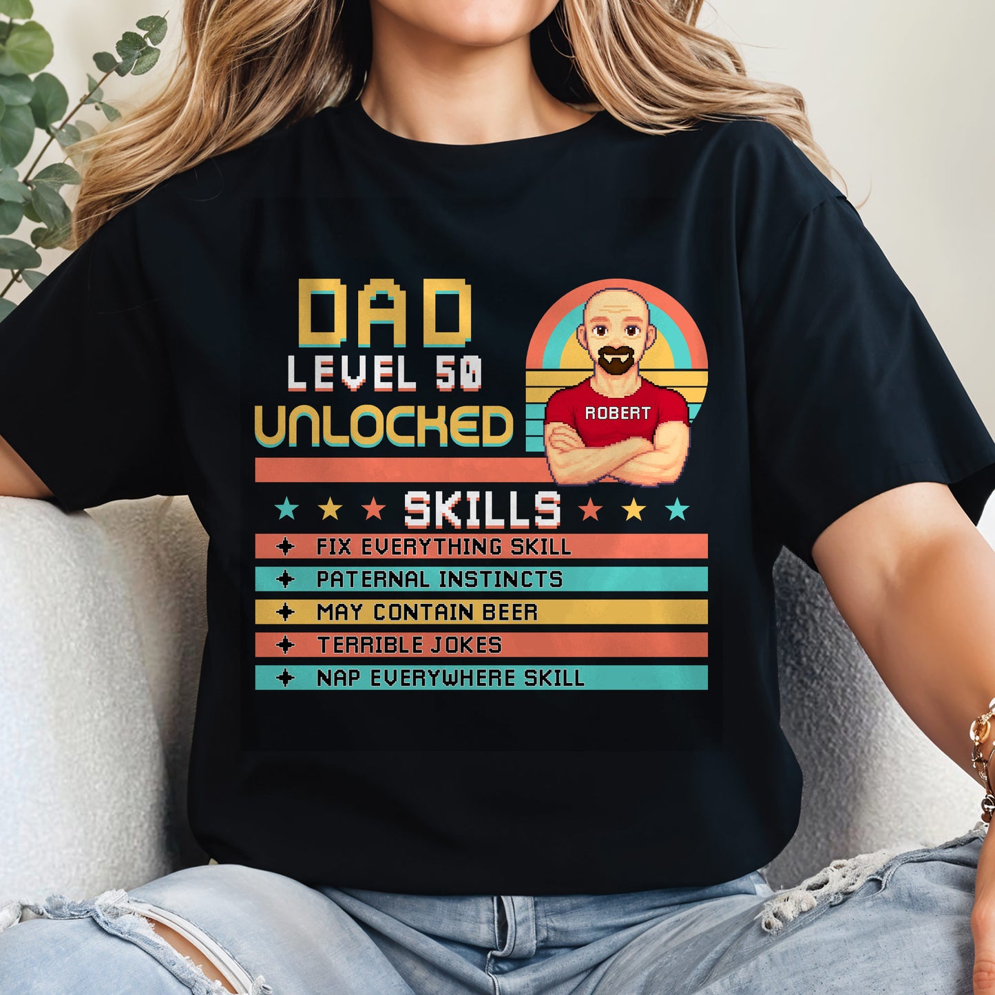 Dad Level 50 Unlocked, Video Game Style, Pixel Texts, Avatar, Skill List
