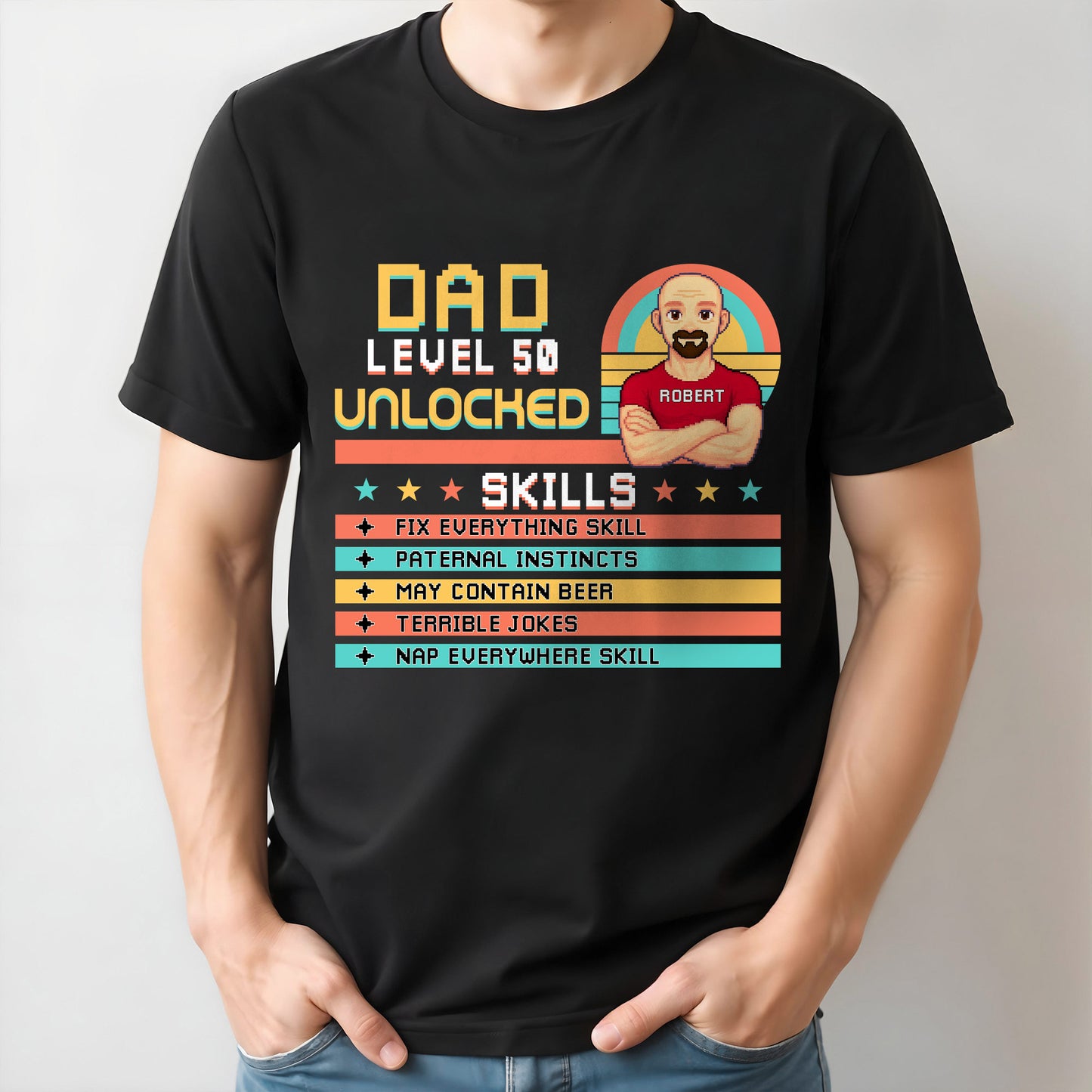 Dad Level 50 Unlocked, Video Game Style, Pixel Texts, Avatar, Skill List