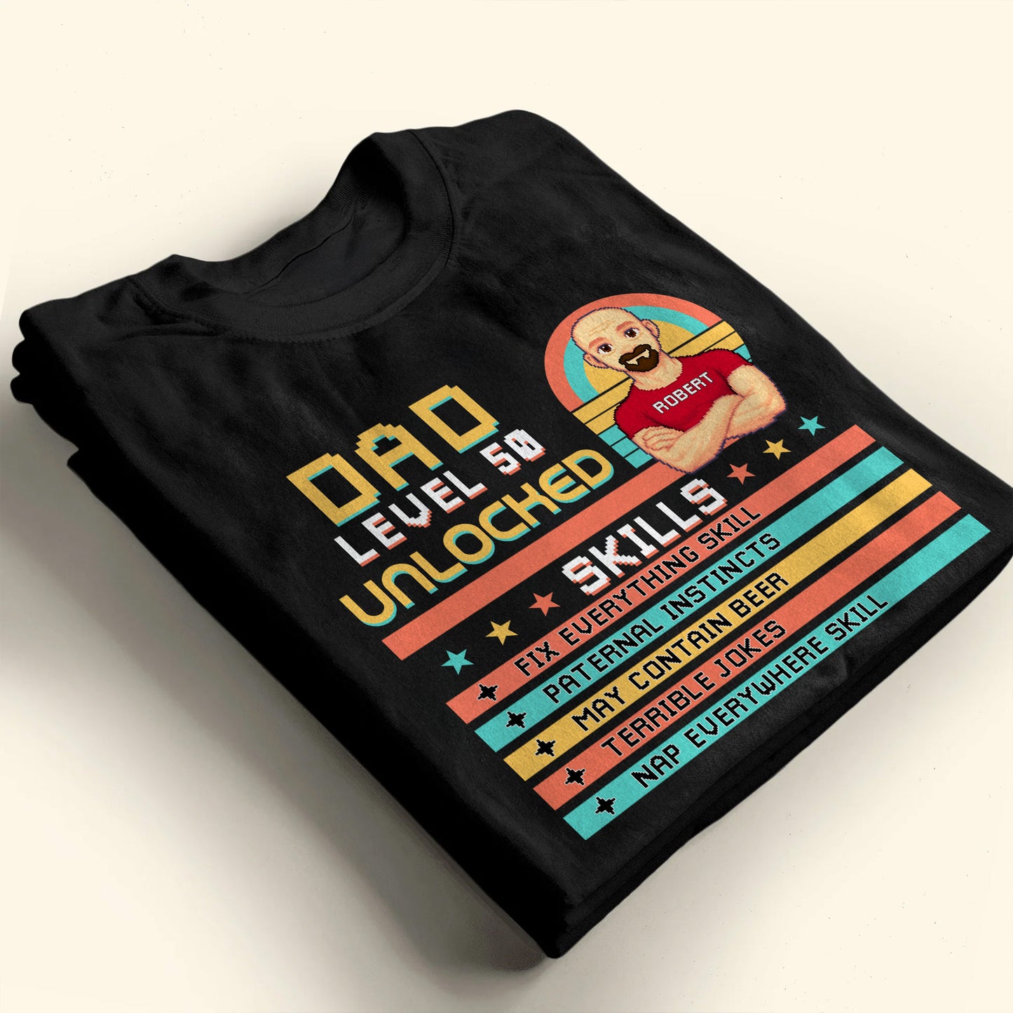 Dad Level 50 Unlocked, Video Game Style, Pixel Texts, Avatar, Skill List