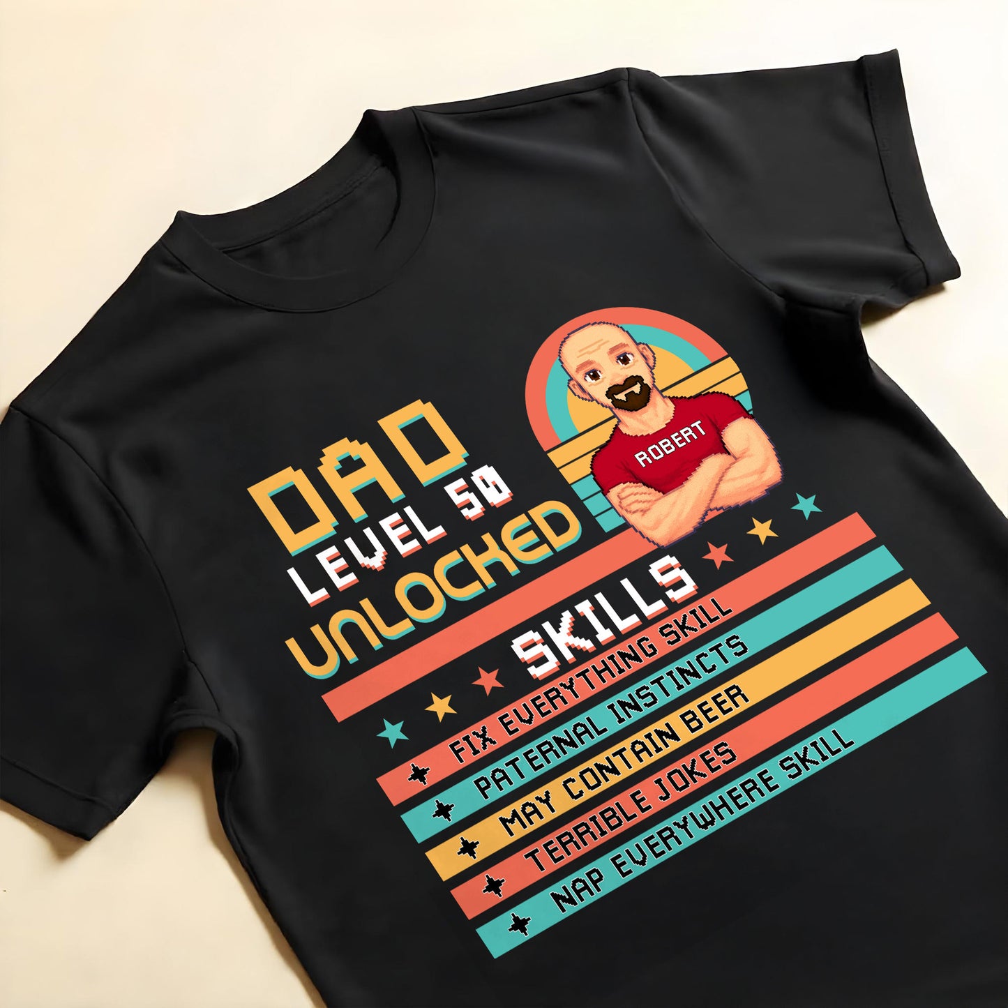 Dad Level 50 Unlocked, Video Game Style, Pixel Texts, Avatar, Skill List